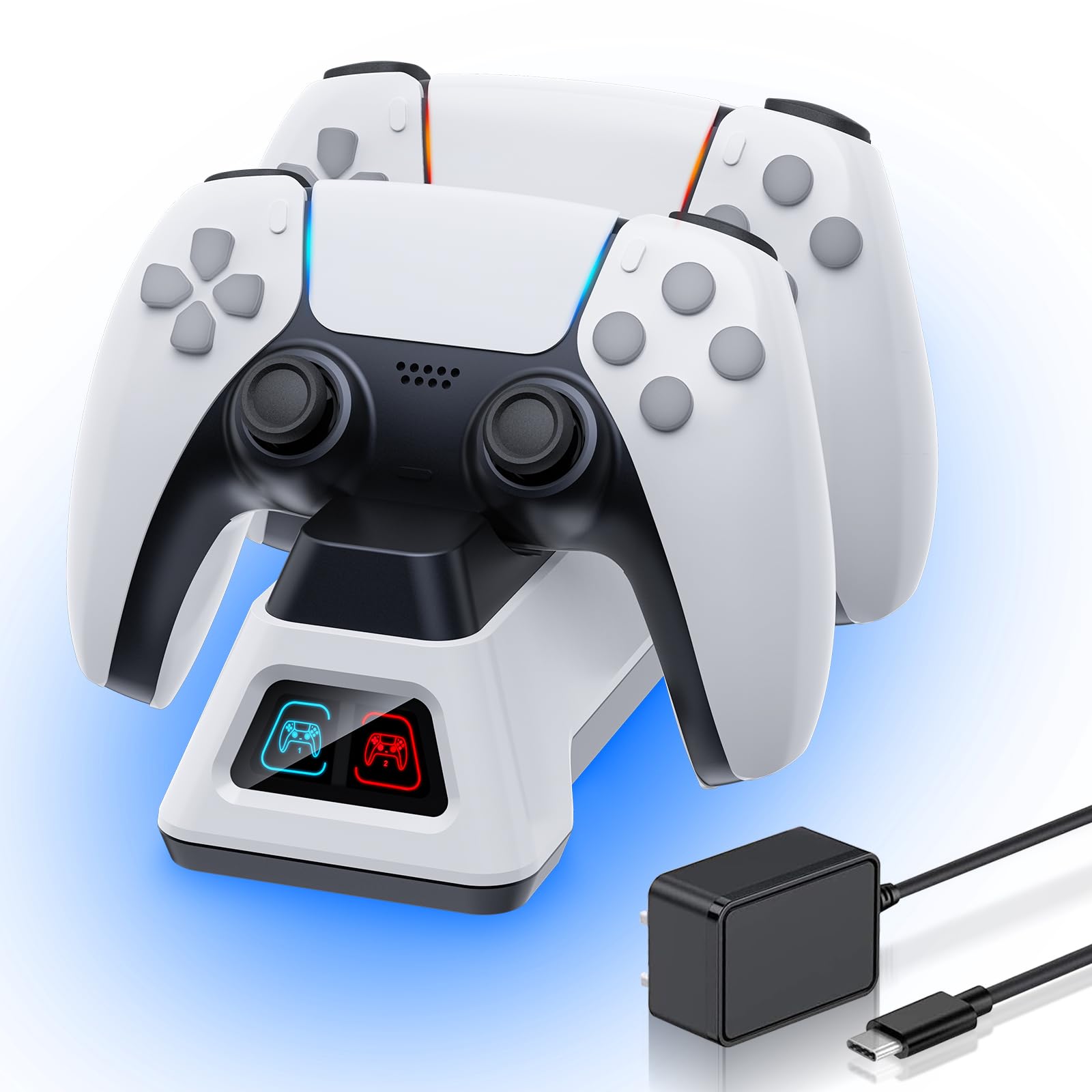 PS5 Controller Charger Station with LED Light & AC Adapter - Dual USB Charging Dock for PlayStation 5 DualSense & Edge Controllers - Fast Charging Gaming Accessory for Home & Office Setup