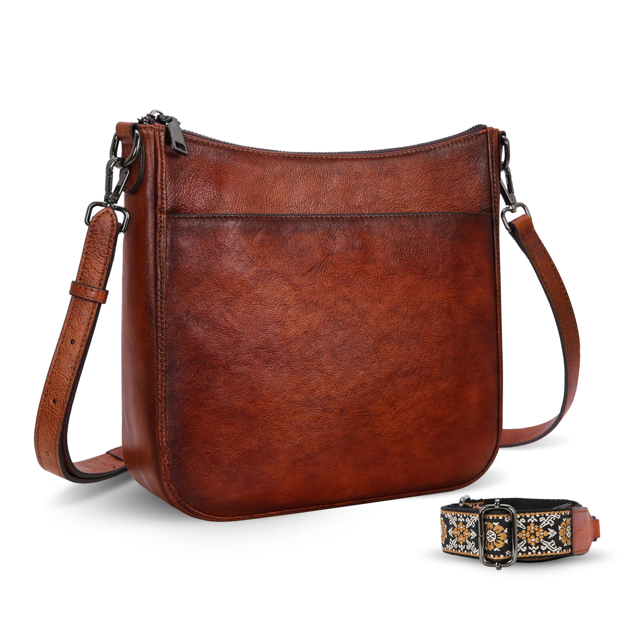 HESHE Genuine Leather Crossbody Bag for Women - Medium Shoulder Purse with Adjustable Guitar Strap, Satchel Handbag for Travel, Work & Everyday Use