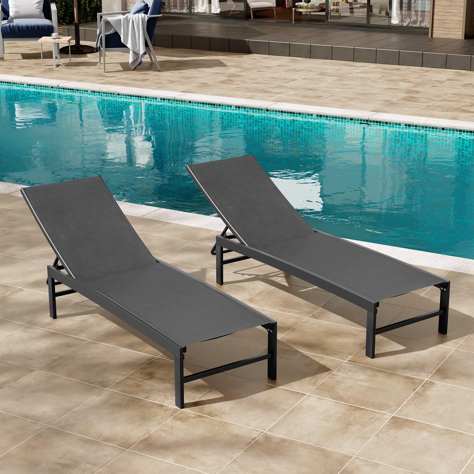 Premium Aluminum Outdoor Lounge Chair Set of 2 - Adjustable 5-Position Recliner, All-Weather Poolside Chaise for Patio, Beach & Backyard - Perfect for Sunbathing, Relaxing by the Pool or Garden Lounging (Black)