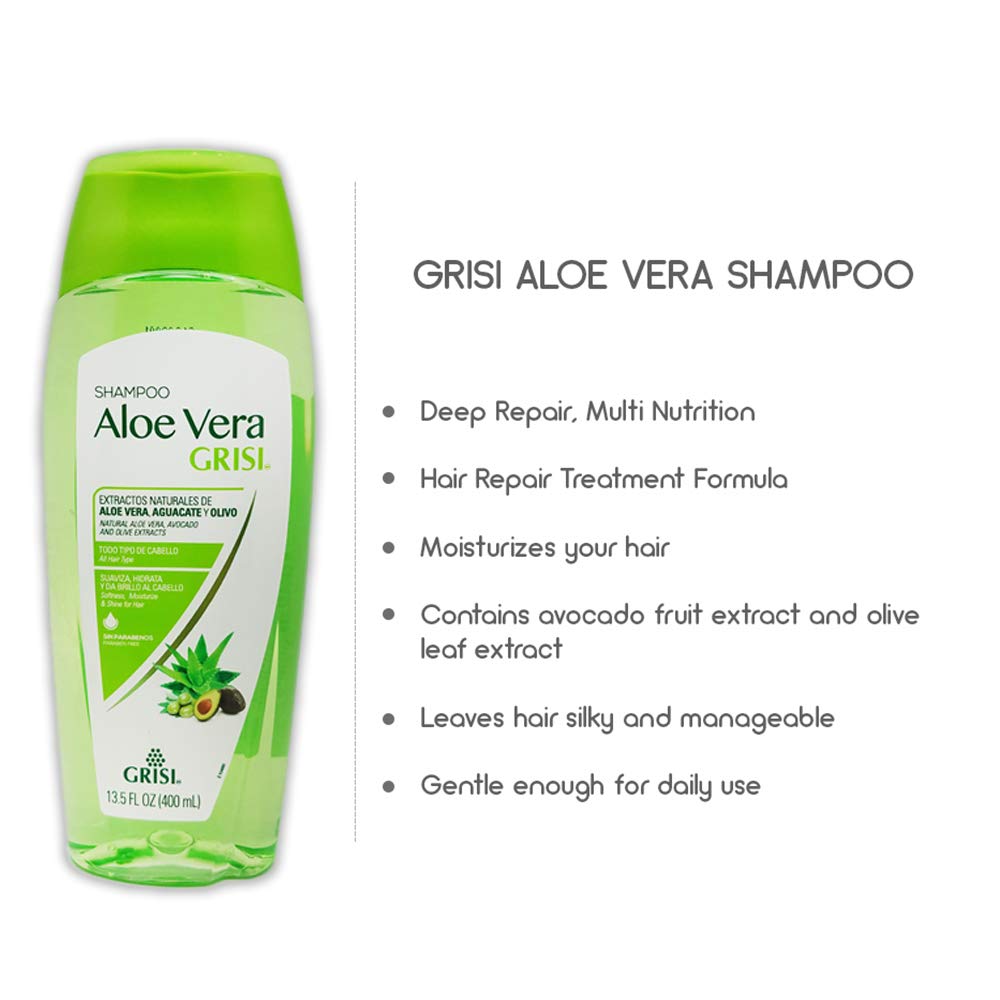 Grisi Aloe Vera Shampoo for Dry Hair - Moisturizing & Nourishing Hair Care with Natural Aloe Extract, Paraben-Free, Sulfate-Free - 13.5 Fl Oz - Promotes Soft, Shiny Hair - Perfect for Daily Use & Damaged Hair Repair
