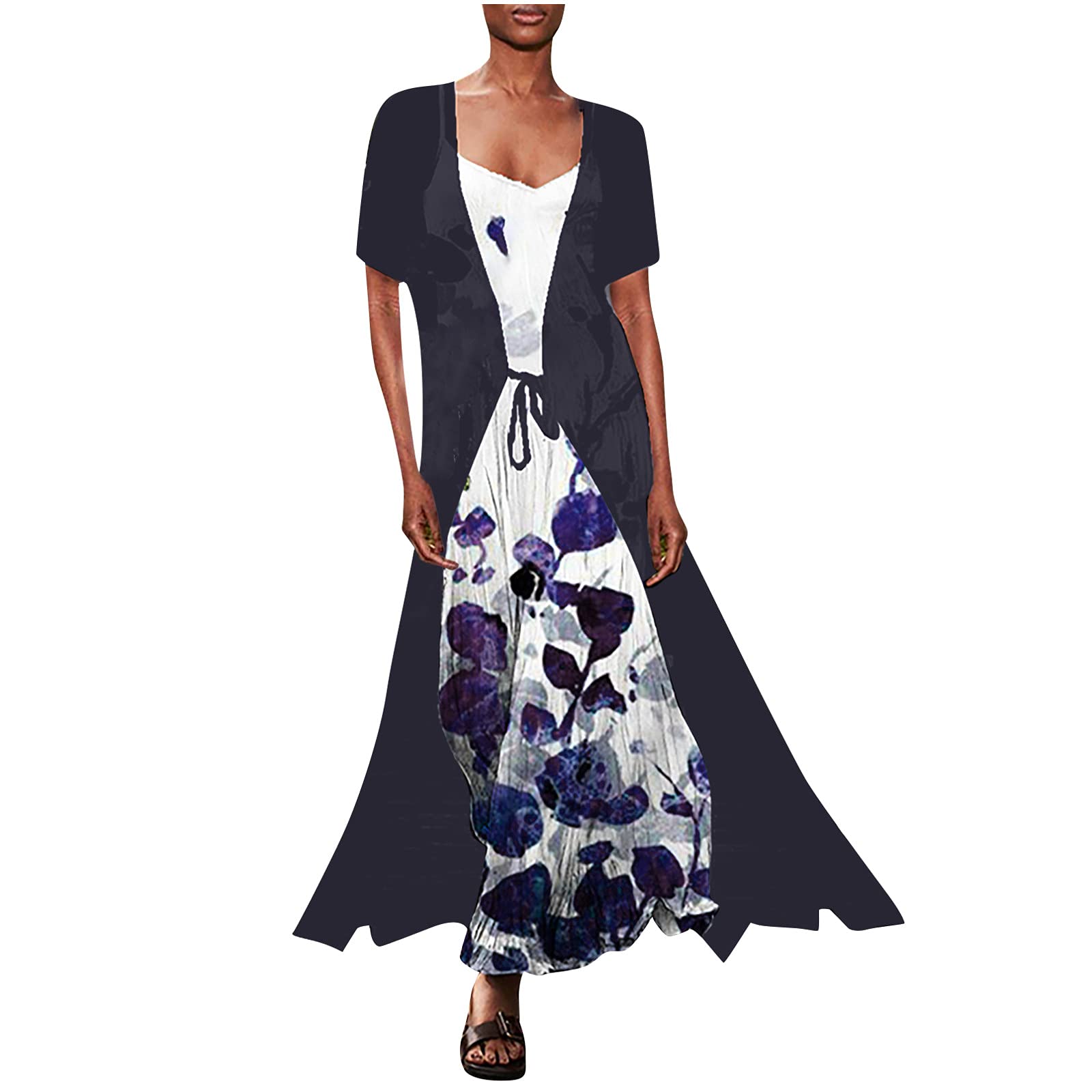 2pcs Women's Maxi Dress Set - Casual Loose Spaghetti Strap Sleeveless Long Dress with Cardigan for Wedding Guest, Beach & Summer Outfits (Plus Size Available)