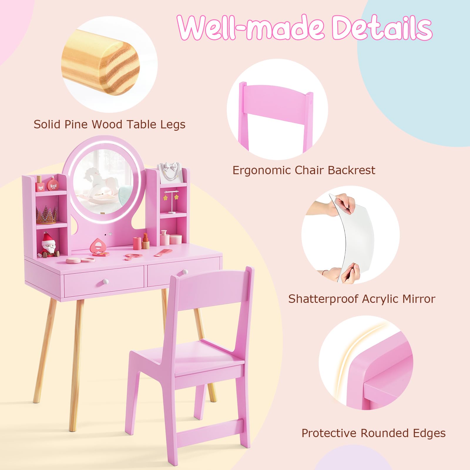 Costzon Pink Wooden Kids Vanity Set with Mirror, Stool, Lights & Storage - Toddler Makeup Dressing Table for Pretend Play, Birthday Gifts for Girls - Perfect for Bedroom Decor & Role Play Activities