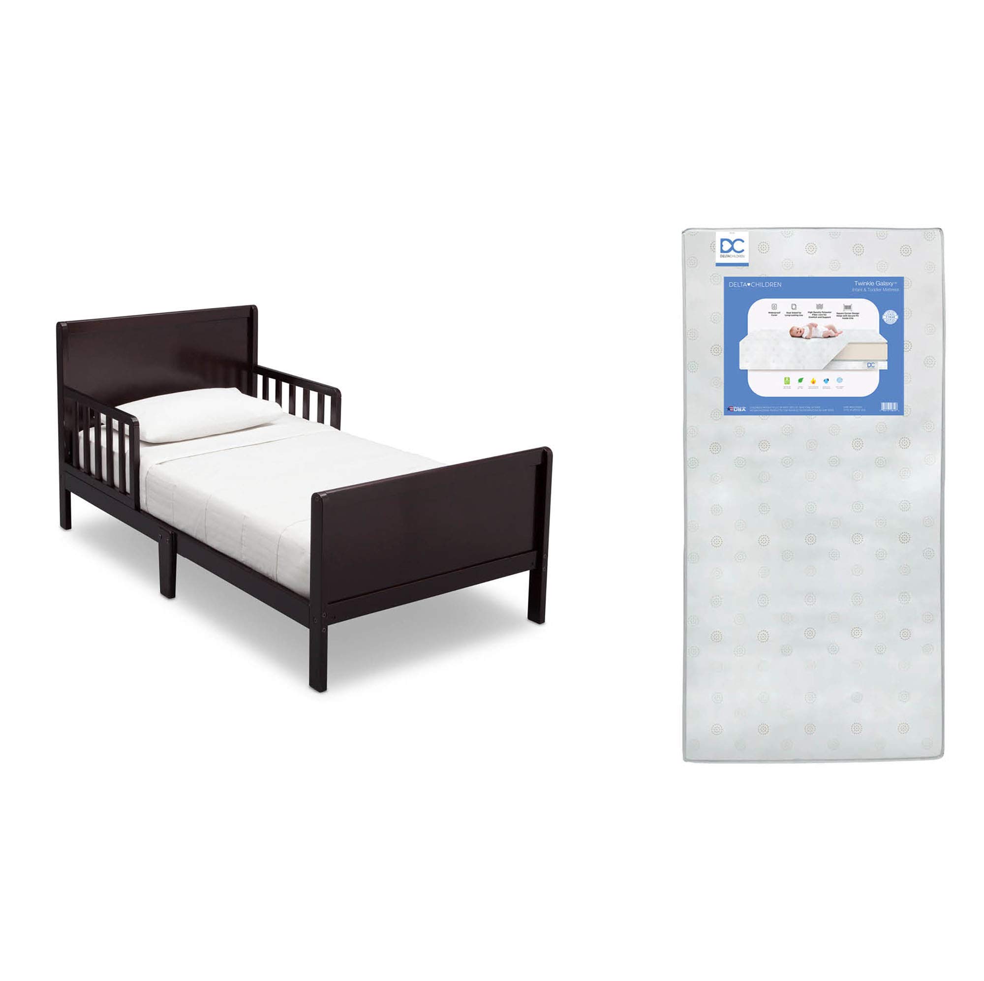 Delta Children Fancy Toddler Bed with Dark Chocolate Twinkle Galaxy Design - Dual-Sided Recycled Fiber Core Crib & Toddler Mattress Set - Perfect for Nursery, Daycare & Kids' Bedroom Decor