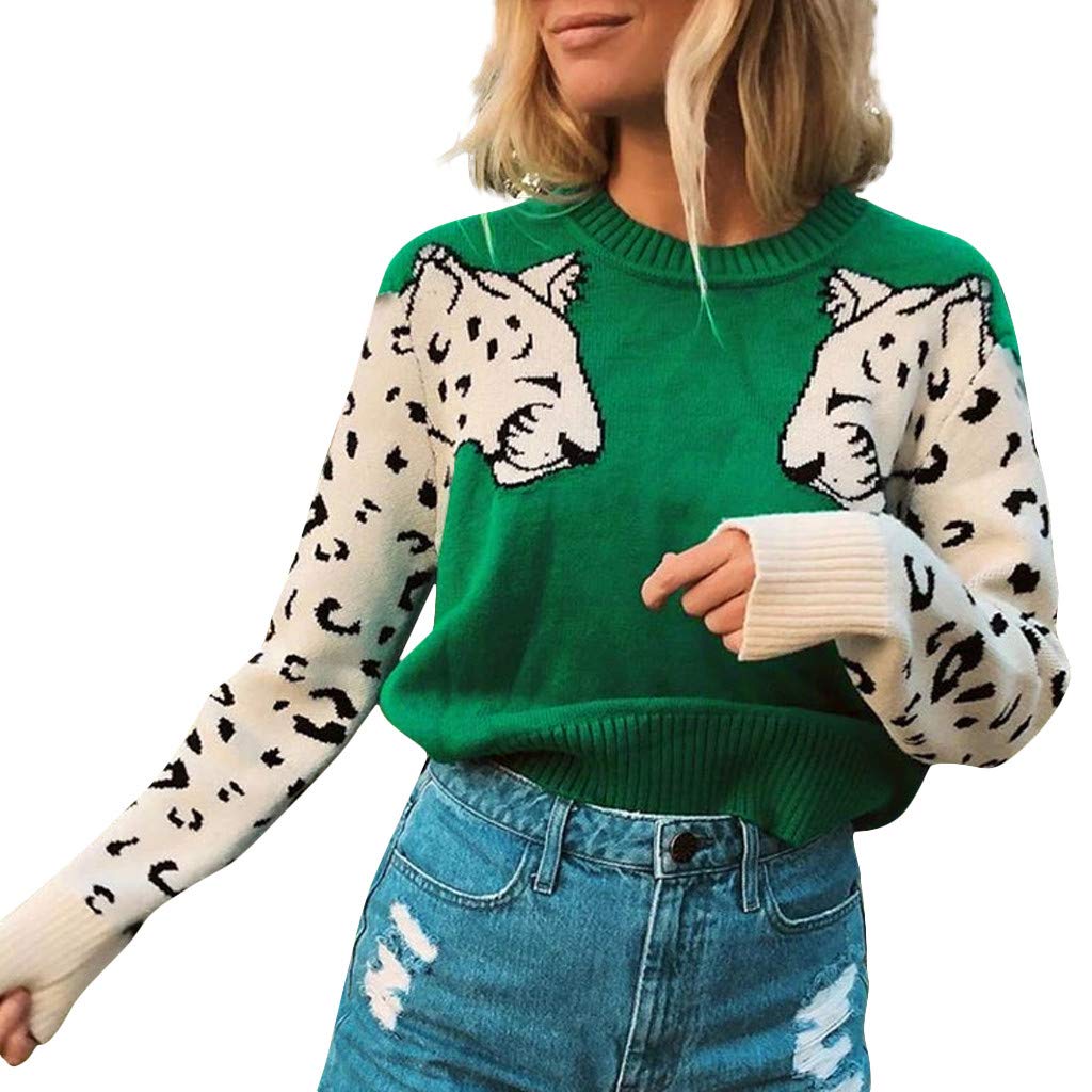 Women's 70s Style Animal Print Patchwork Sweater Hoodie - Long Sleeve O-Neck Pullover Jacket for Casual Wear & Retro Fashion