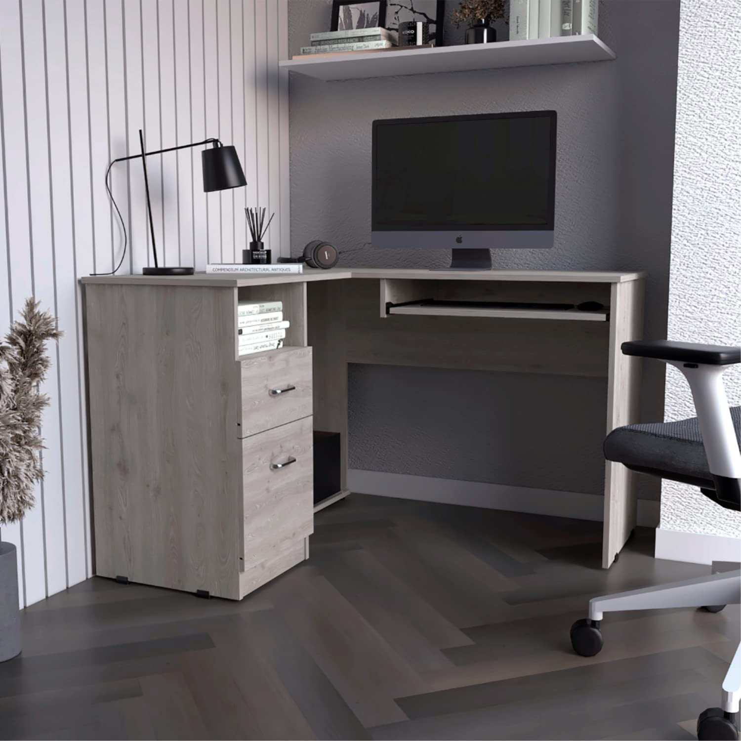 Idra L-Shaped Desk with Keyboard Tray, 2 Drawers & Open Shelf - Light Gray Home Office Desk for Small Spaces, Gaming & Workstation Setup