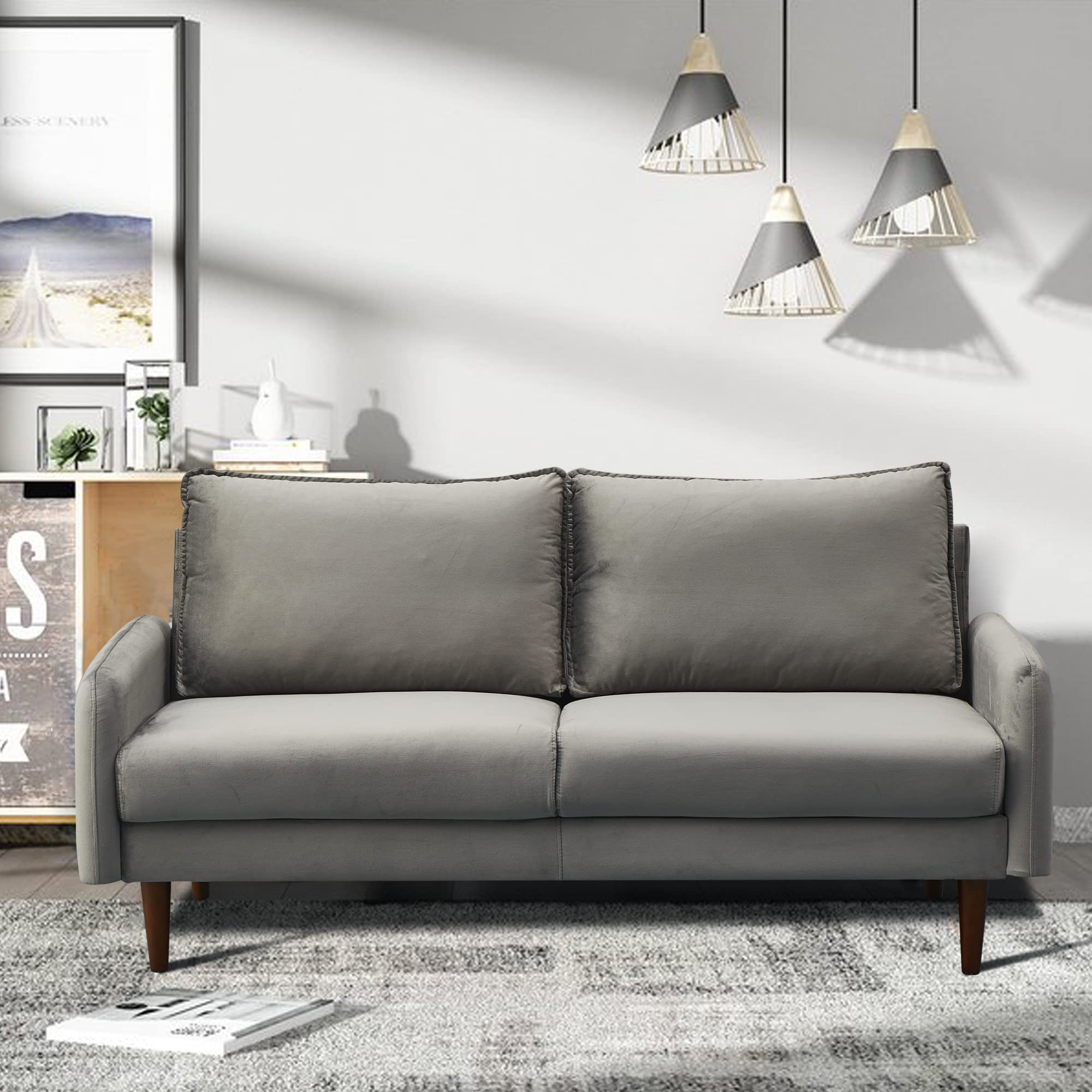 Mid-Century Modern Velvet Sofa with Wooden Legs - Grey Living Room Couch for Home, Office & Lounge | Comfortable & Stylish Seating Furniture