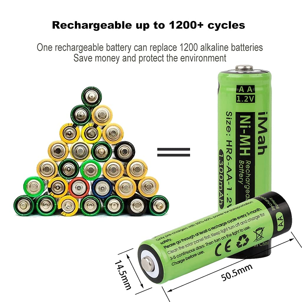 iMah AA Rechargeable Batteries 1.2V 1300mAh Ni-MH - 6 Pack for Solar Lights, Garden Lamps, Remote Controls, Computer Mice & Household Devices | Long-Lasting Power for Outdoor & Indoor Use