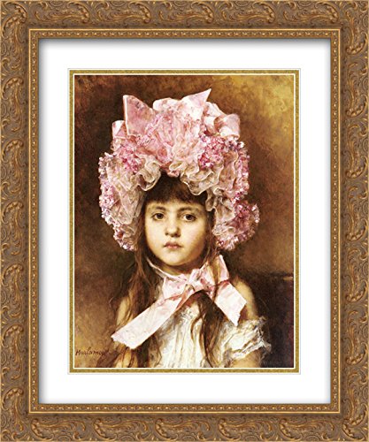 Alexei Alexeivich Harlamoff Pink Bonnet Art Print - 20x24 Inch Gold Ornate Framed Painting with Double Matting, Vintage Oil Reproduction for Living Room & Bedroom Wall Decor