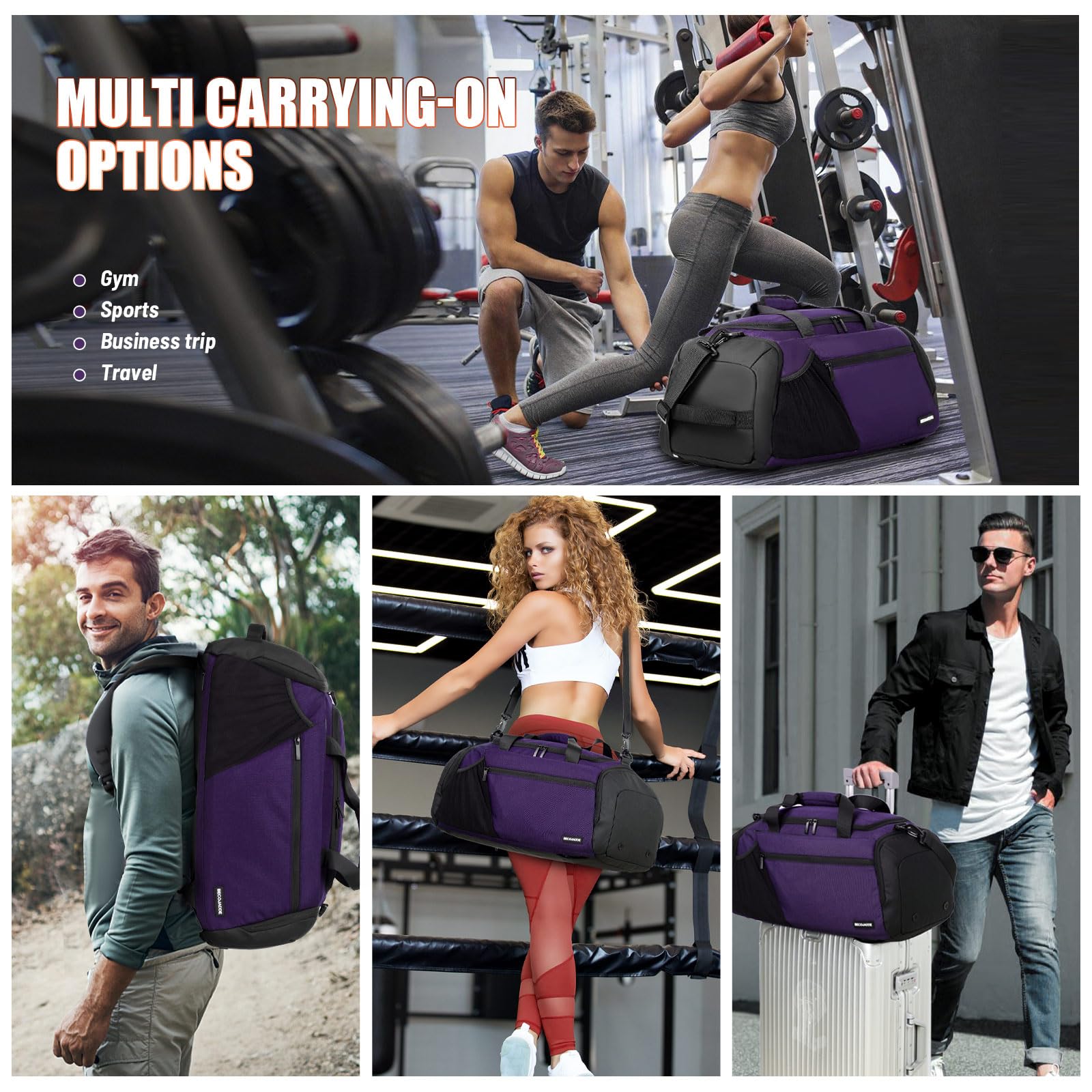 **45L Large Gym Backpack for Men & Women - Sport Duffle Bag with Shoe & Wet Compartment, Multiple Pockets - Perfect for Workout, Travel, Weekend & Overnight Trips - Purple**