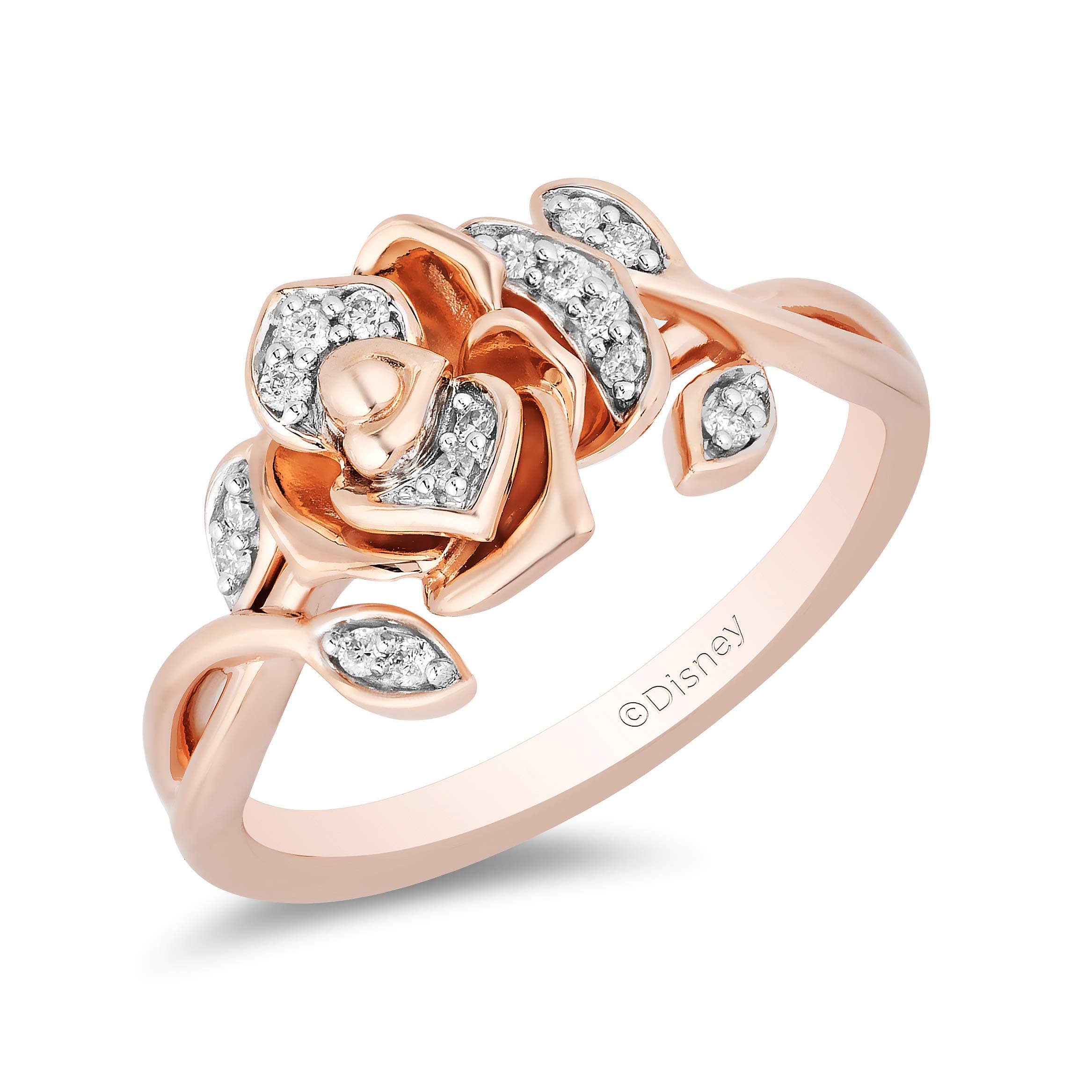 Enchanted Disney Belle Rose Ring - 14K Rose Gold over Sterling Silver with 1/10 Cttw White Round Diamonds | Fine Jewelry for Women | Perfect Gift for Disney Fans, Brides & Special Occasions