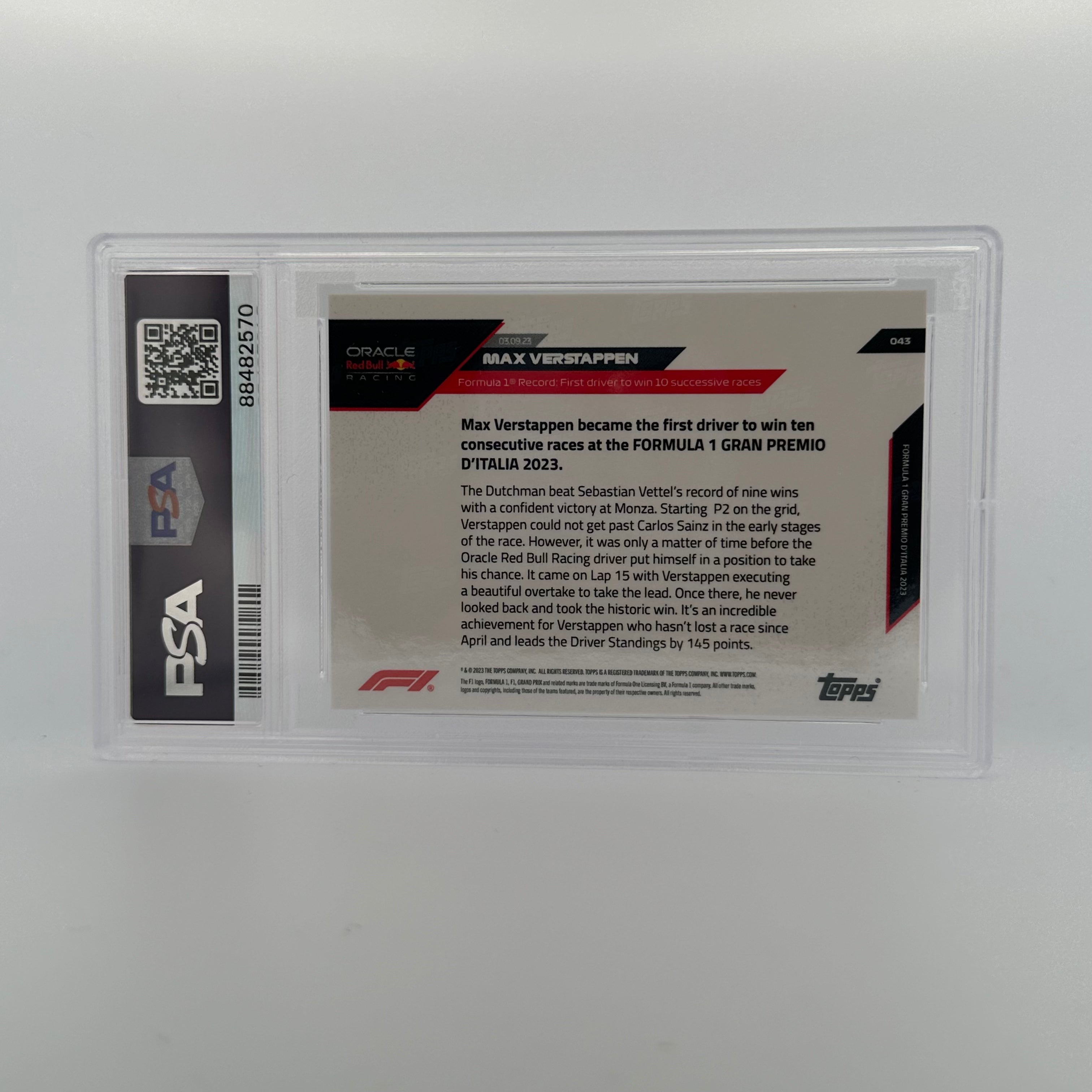 2023 Topps Now F1 PSA 9 Graded Max Verstappen #43 Blue Racing Card - Perfect for F1 Collectors, Sports Memorabilia Enthusiasts & Racing Fans Display