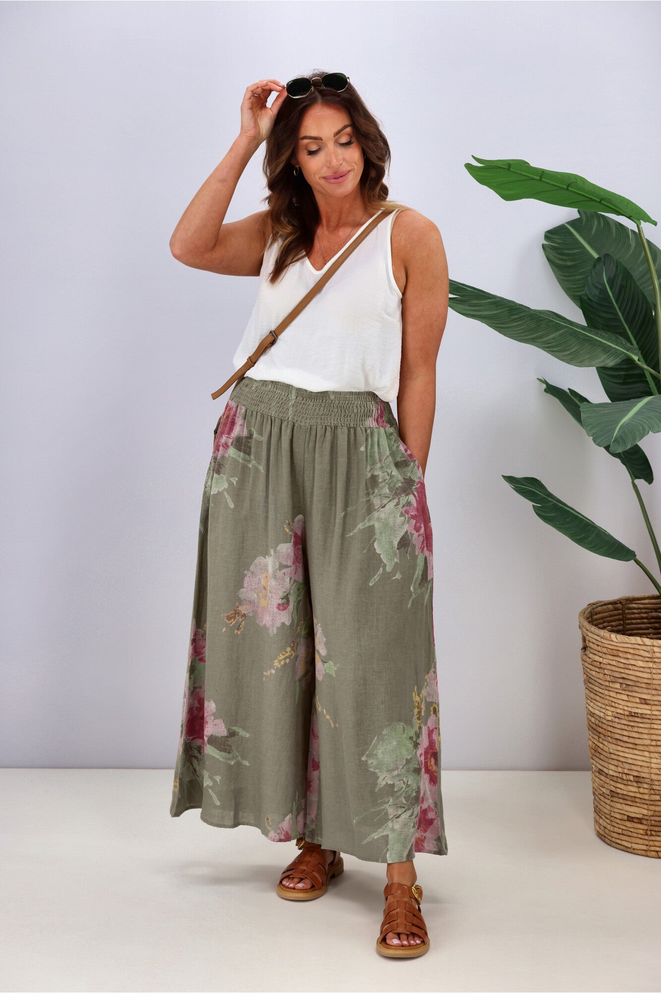 Cali & Co Women's Wide Leg Linen Pants with Floral Print - Khaki Color for Summer Beach Vacation and Boho Chic Outfits