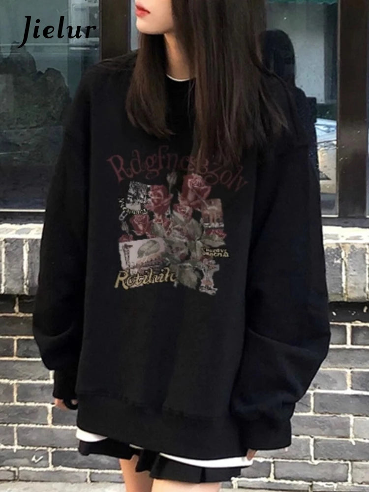 Black O-Neck Loose Office Hoodie for Women - Fashionable Pullover Sweatshirt with Spell Color Design | Chic Basic Women's Hoodie for Work, Casual Wear & Lounge
