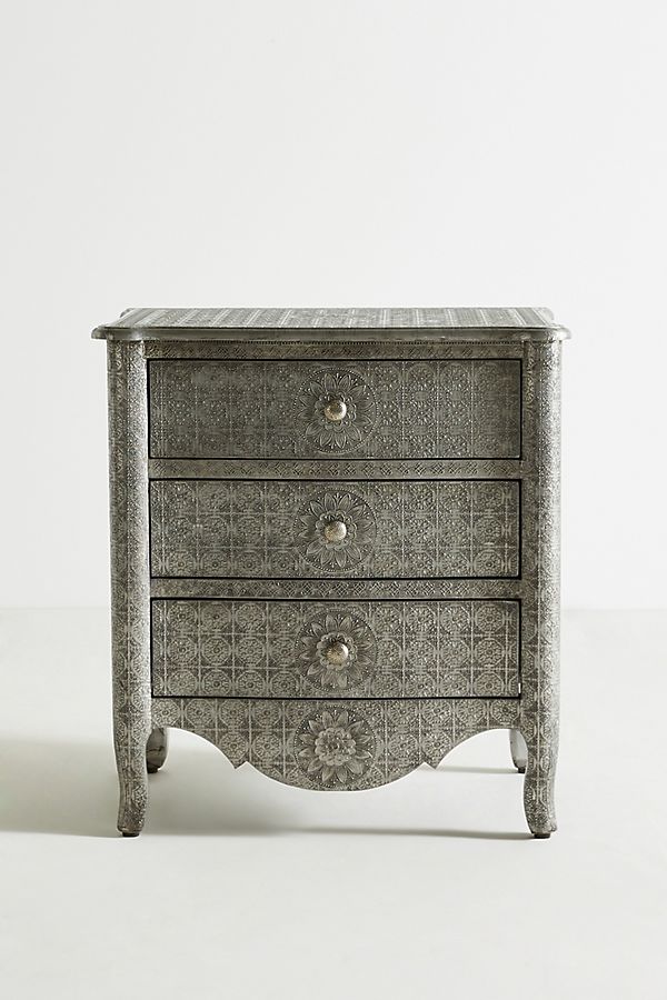 Hand Embossed Nightstand with 3 Drawers - White Metal Bedside Table for Bedroom | Compact Night Stand with Storage for Small Spaces, Apartment & Dorm Room Decor