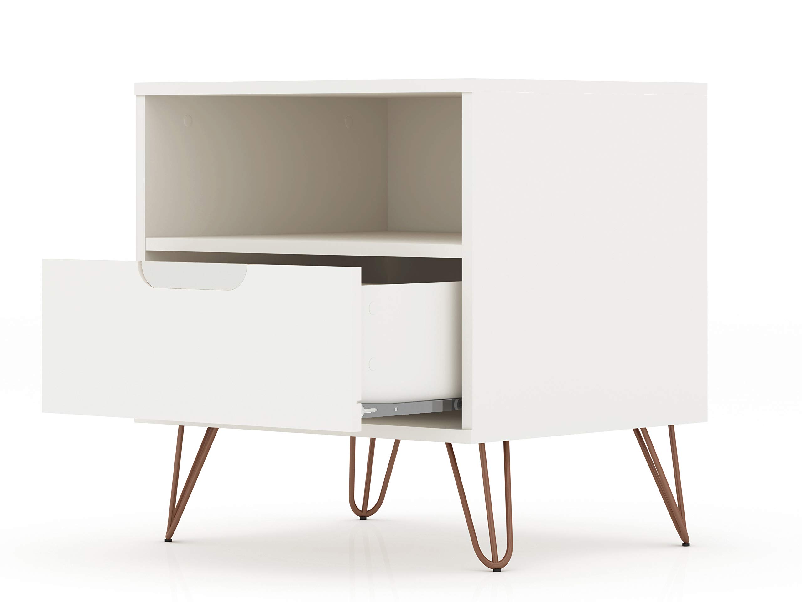 Manhattan Comfort Rockefeller Nightstands - Set of 2 with Drawer & Cubby Storage | Mid Century Modern Bedside Tables | Functional Bedroom & Living Room Furniture | Off White Finish | Perfect for Small Spaces & Apartment Living