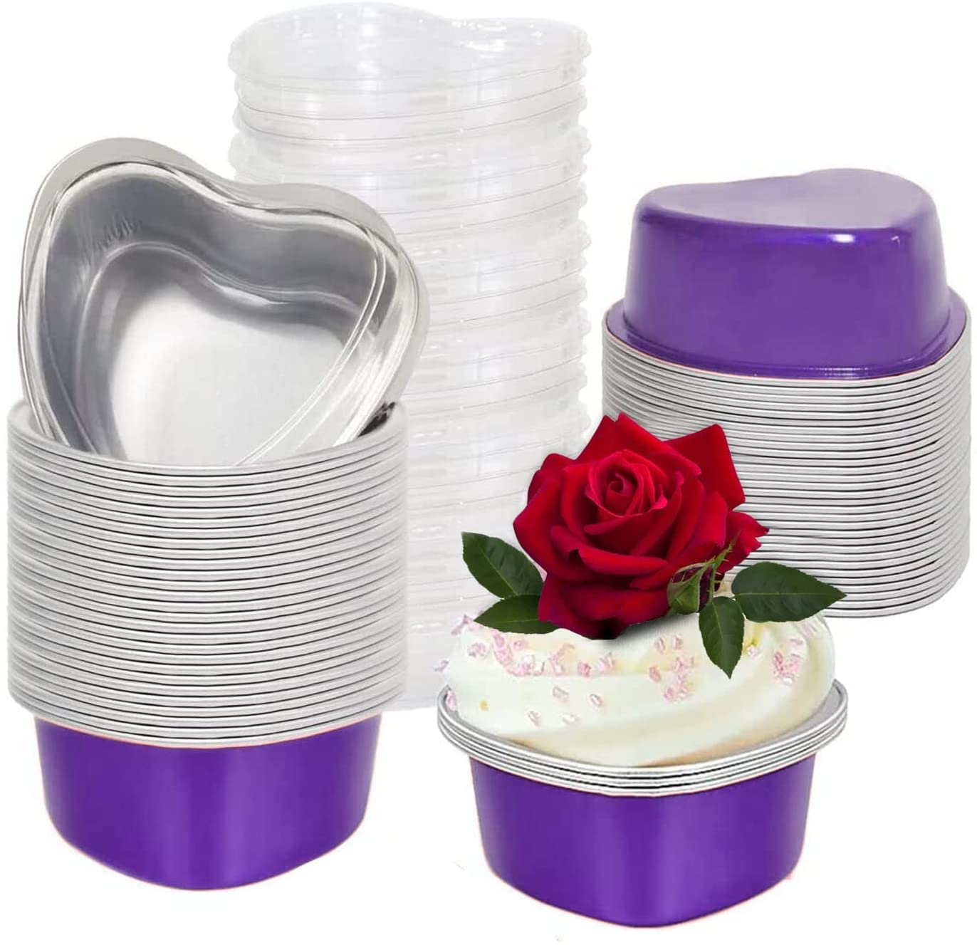 Disposable Heart Shaped Foil Baking Pans with Lids - 50 Pack Purple Mini Cake Pans for Cupcakes, Flan & Desserts | Perfect for Valentine's Day, Weddings, Mother's Day, Easter & Birthday Party Baking