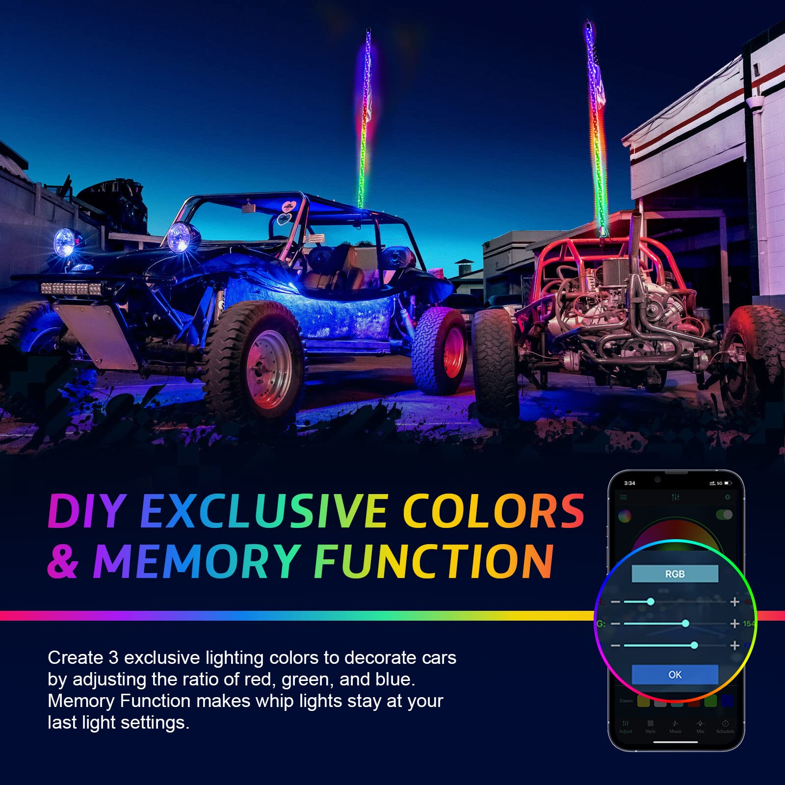2 Pack 3FT LED Whip Lights with Spring Base - RGB Spiral Chasing Lights with App & Remote Control, Rocker Switch - Music Sync for UTV ATV Polaris RZR Can-Am SXS Trucks - Perfect for Off-Roading, Night Rides & Desert Adventures