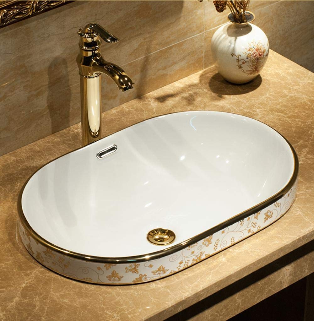 Ceramic Vessel Sink for Bathroom - Hand-Painted Oval Countertop Basin, Semi-Recessed Above Counter Design | Perfect for Modern Vanities, Powder Rooms & Luxury Home Renovations