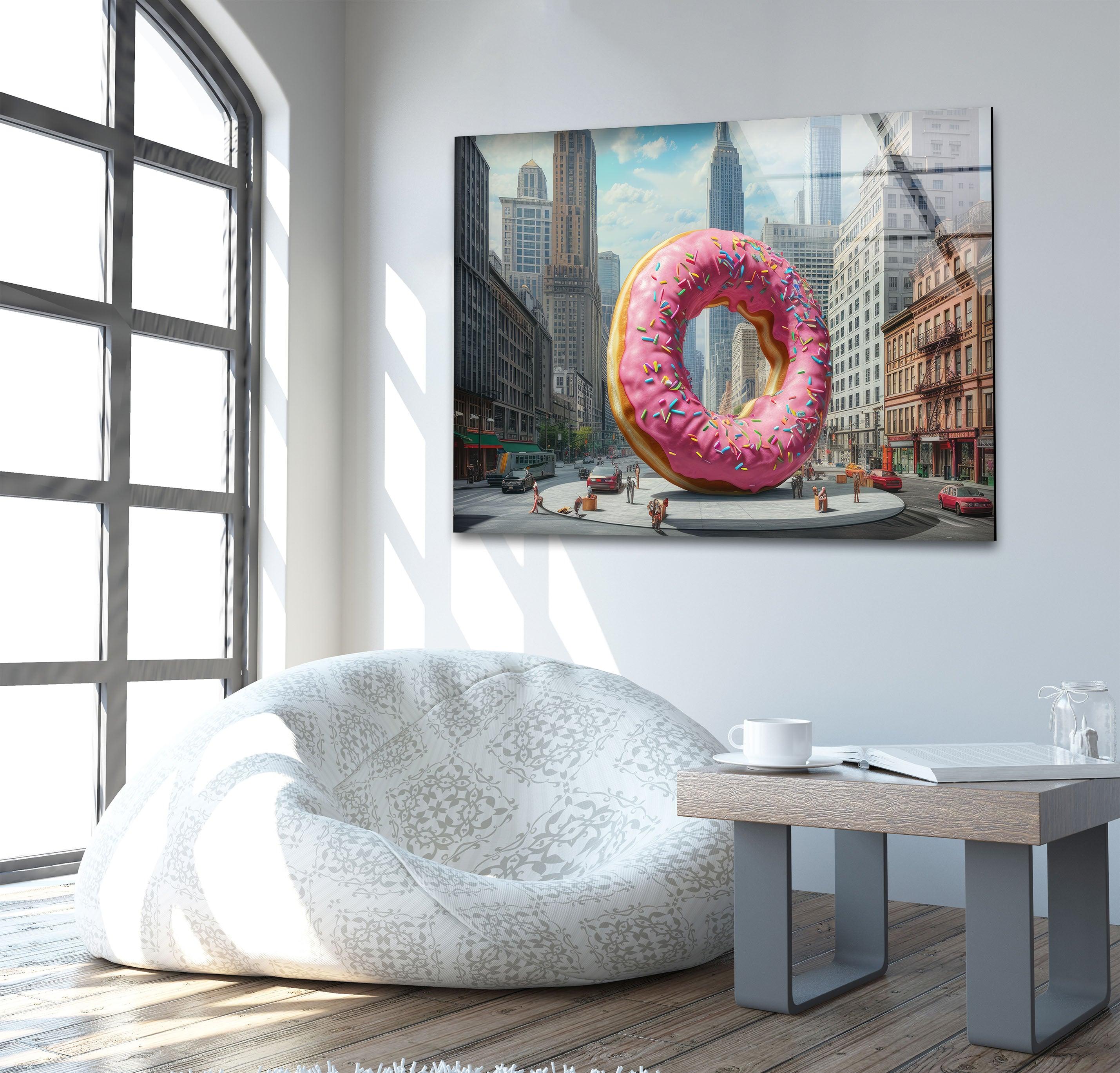 Big Donut Cool Art Glass Wall Decor - Unique Handmade Glass Art for Home, Office & Cafe Decoration - Perfect Gift for Donut Lovers