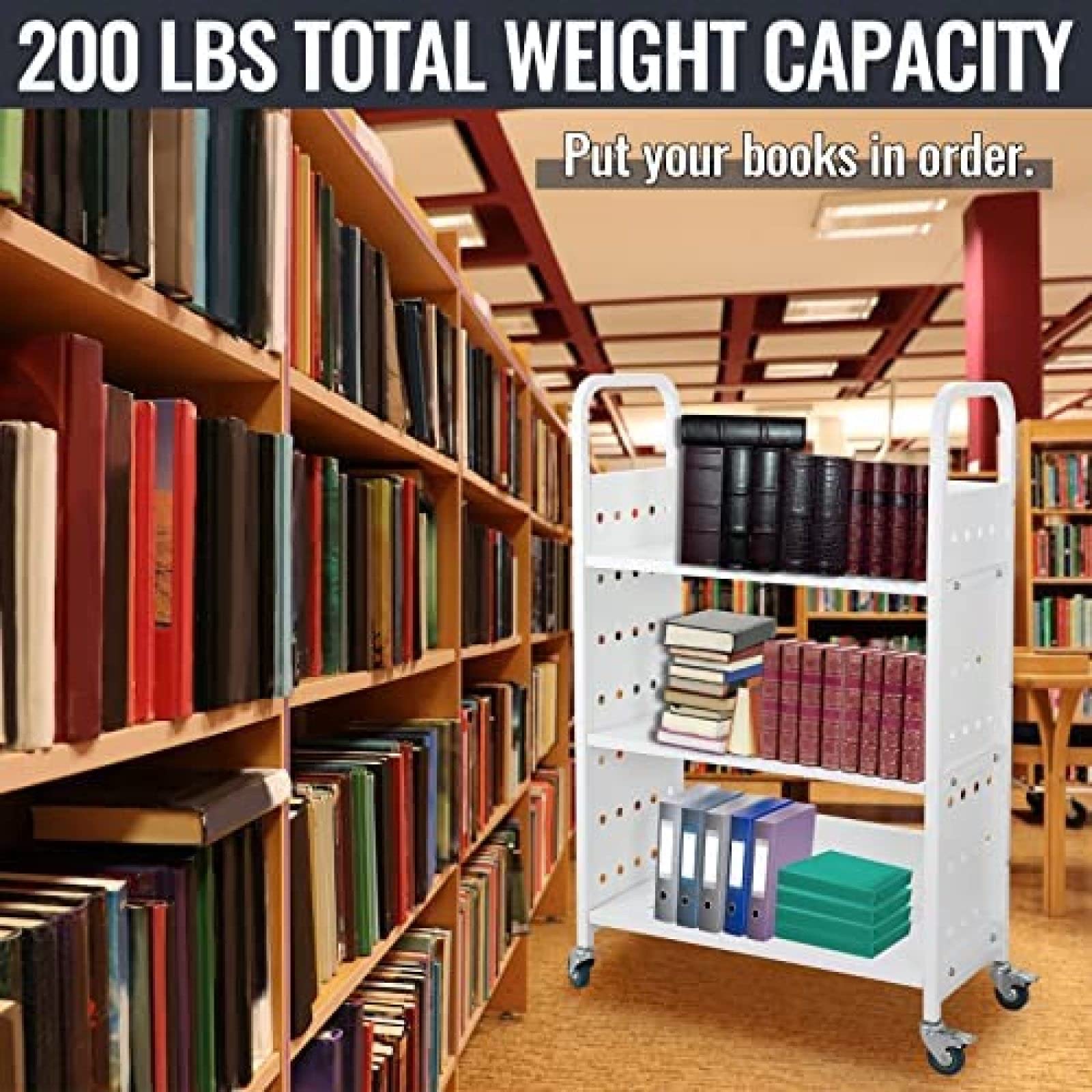 200 LBS Heavy Duty Library Book Cart - Single Sided L-Shaped/V-Shaped Rolling Book Truck with 4 Lockable Wheels for Home, Office & School Use - Perfect for Book Storage, Classroom Organization & Library Shelving