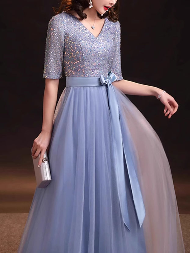 Elegant Blue Sequin A-Line Tulle Evening Dress for Women - Perfect for Prom, Party, Wedding & Special Occasions