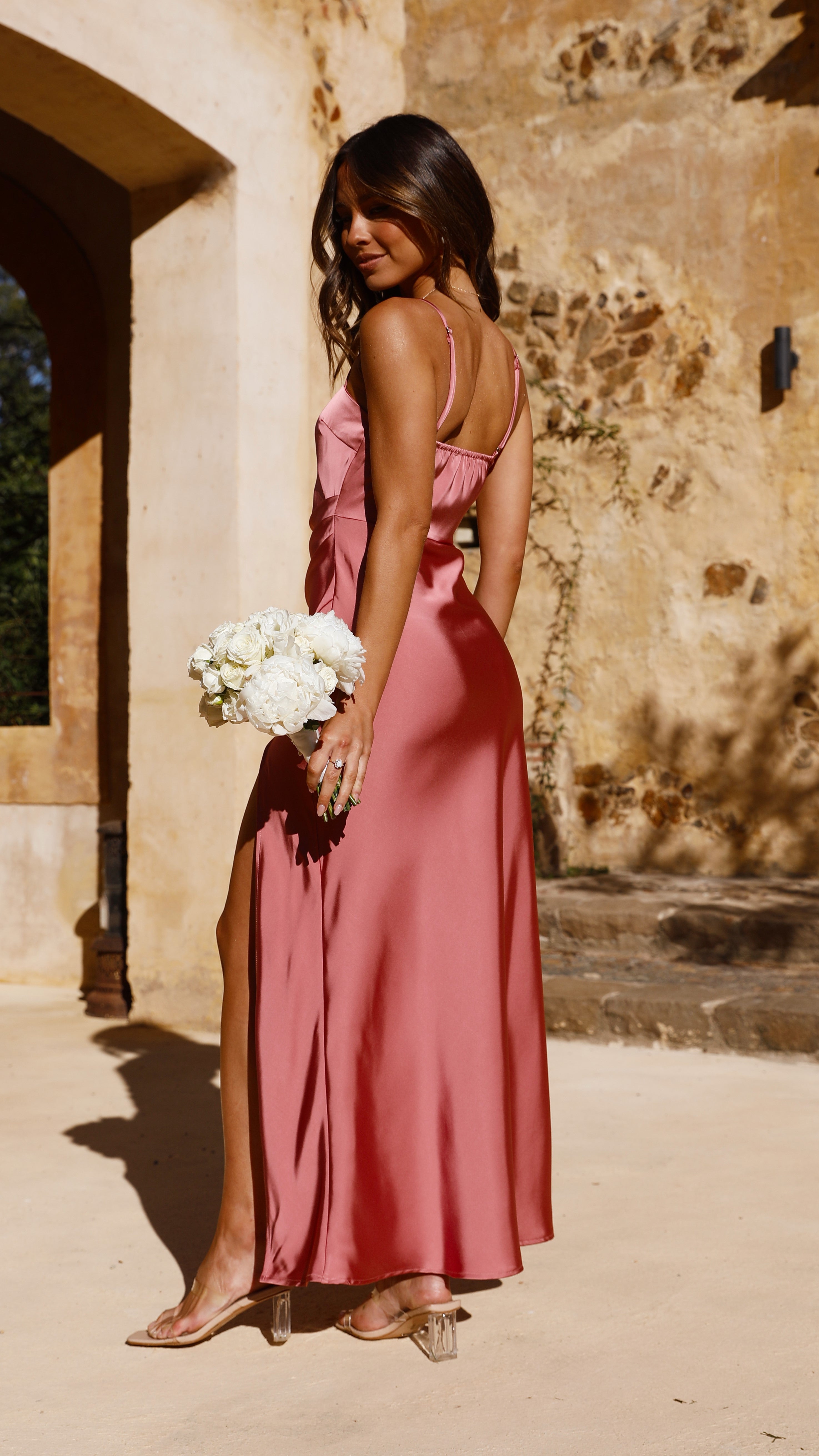 Ilana Maxi Dress - Flowy Baked Rose Long Dress for Women | Summer Beach Wedding Party Outfit