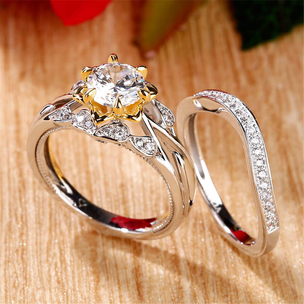 2 Carat Flower Engagement Ring Set for Women - 14K Gold Plated Wedding Band with Round Cut Cubic Zirconia, CZ Solitaire Ring - Perfect for Proposals, Anniversaries & Romantic Occasions
