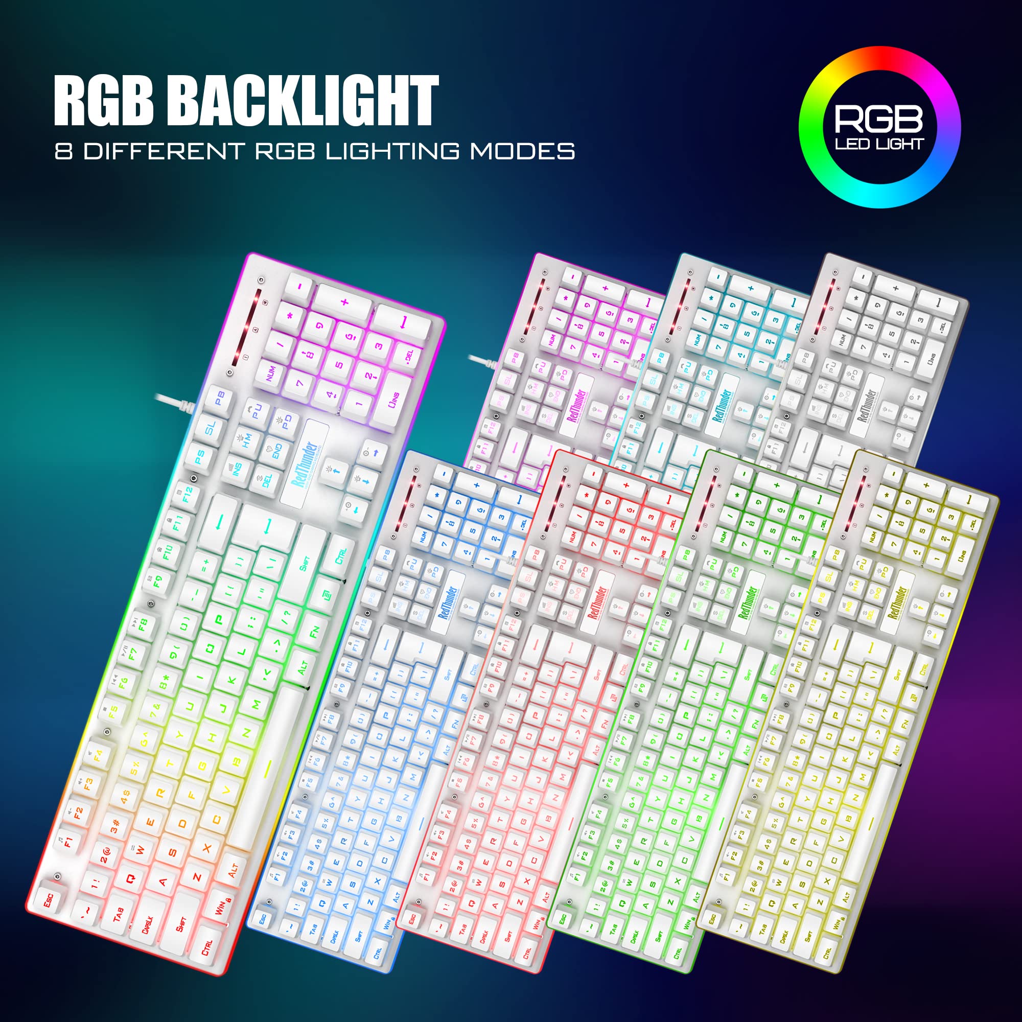 RedThunder K10 RGB Backlit Wired Gaming Keyboard & Mouse Combo with Wrist Rest - Mechanical Feel Anti-Ghosting Keyboard, 7200 DPI 7D Mouse & Soft Leather Wrist Rest - Perfect for PC Gaming, Office Work & Streaming (White)