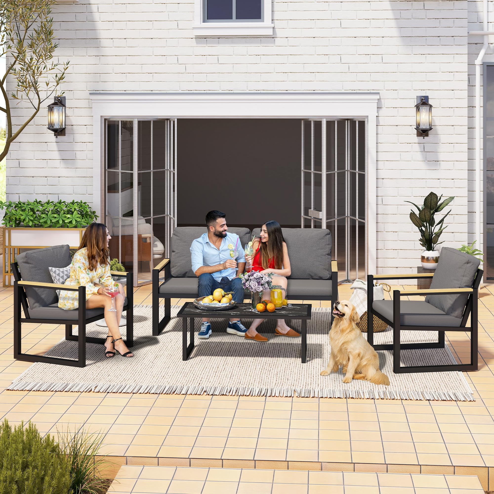 4-Piece Outdoor Patio Furniture Set - Aluminum Conversation Sofa with Coffee Table & Cushioned Chairs - Durable Garden, Backyard, Porch, Lawn, Poolside & Deck Set for Relaxing & Entertaining