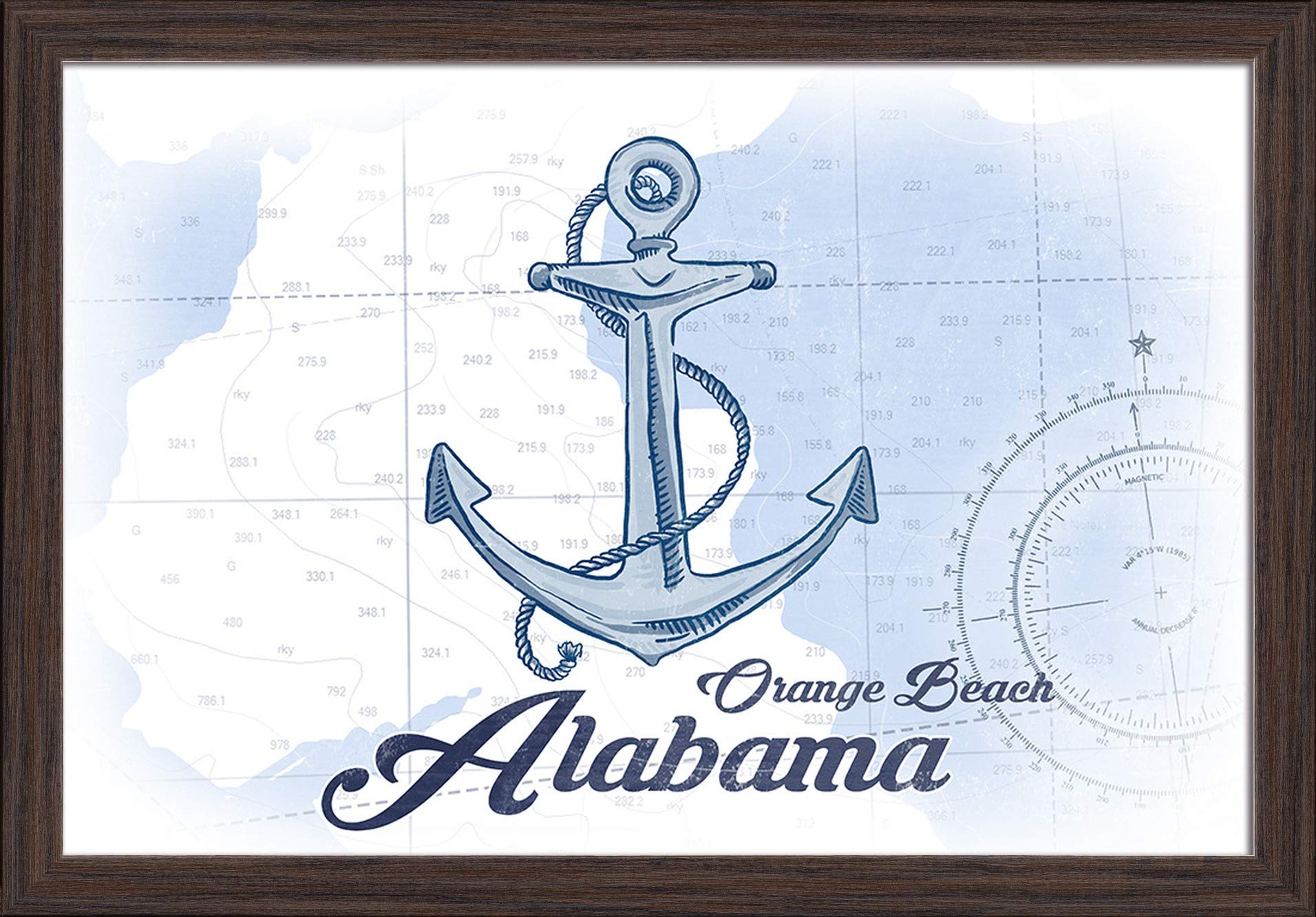 Orange Beach Alabama Anchor Blue Coastal Art Print - 16x24 Giclee Fine Art with Recycled Wood Frame in Espresso Brown - Perfect for Beach House Decor, Coastal Living Room or Nautical Bathroom Wall Art