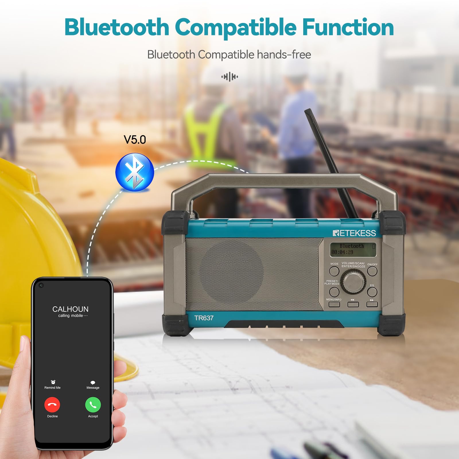 Retekess TR637 Jobsite Radio - Bluetooth AM/FM Work Radio with Rechargeable Battery, IP54 Waterproof, USB Support & EQ - Perfect for Construction Sites, Workshops & Outdoor Work