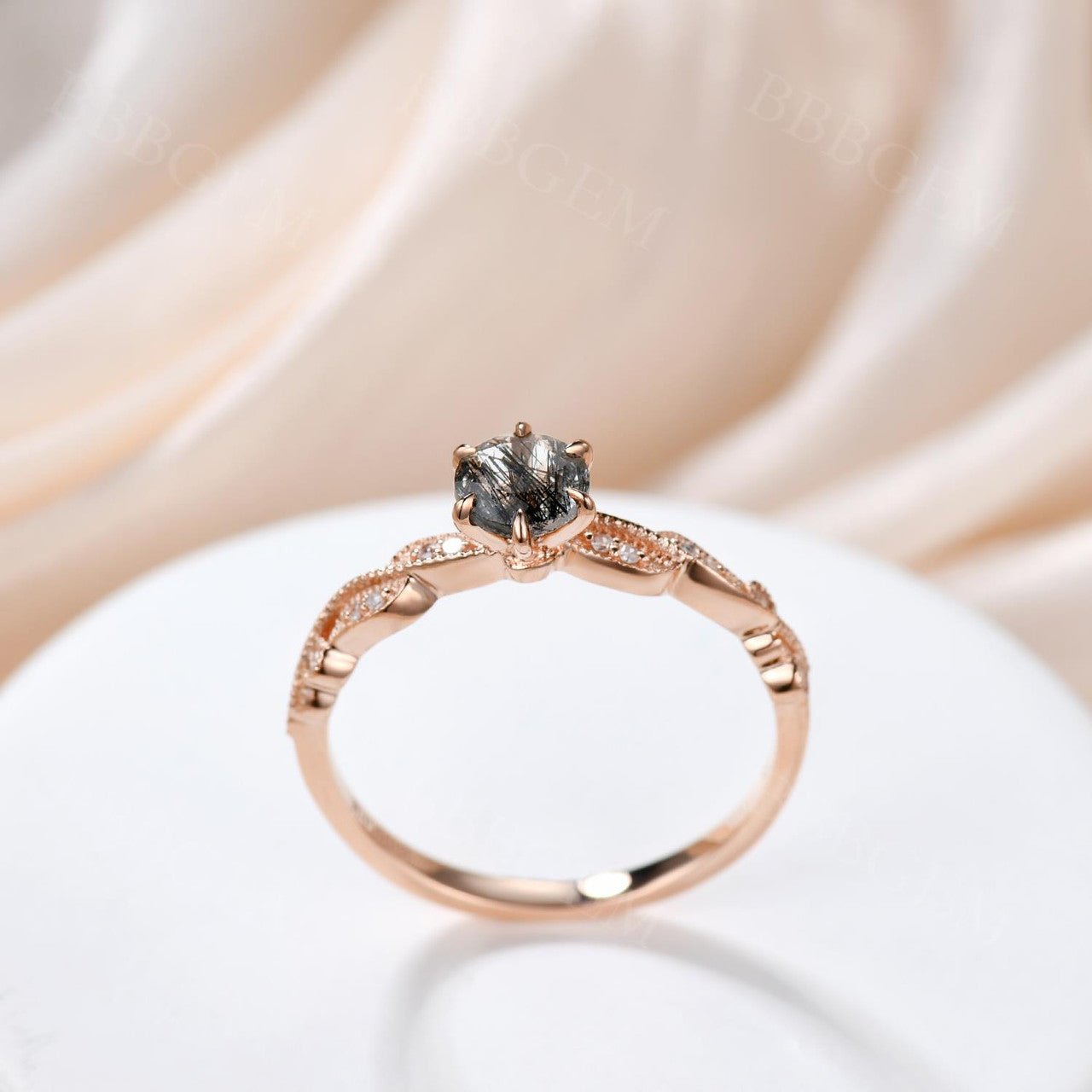 Natural Black Rutilated Quartz Engagement Ring with Diamond Accents - Elegant Wedding Band for Women, Perfect for Proposals, Anniversaries & Special Occasions