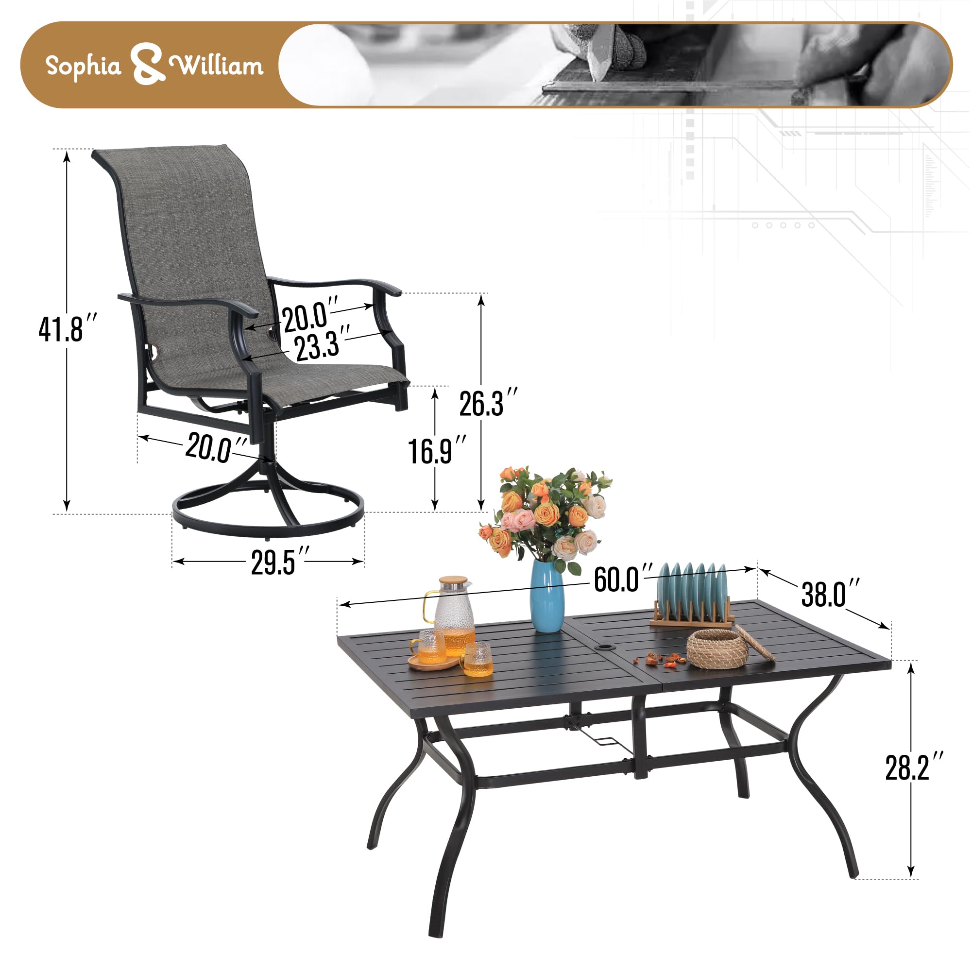 Sophia & William 7-Piece Outdoor Patio Dining Set for 6 - Textilene Swivel Chairs (350 lb Capacity) & Metal Table - Perfect for Garden, Poolside, Backyard BBQs & Outdoor Entertaining