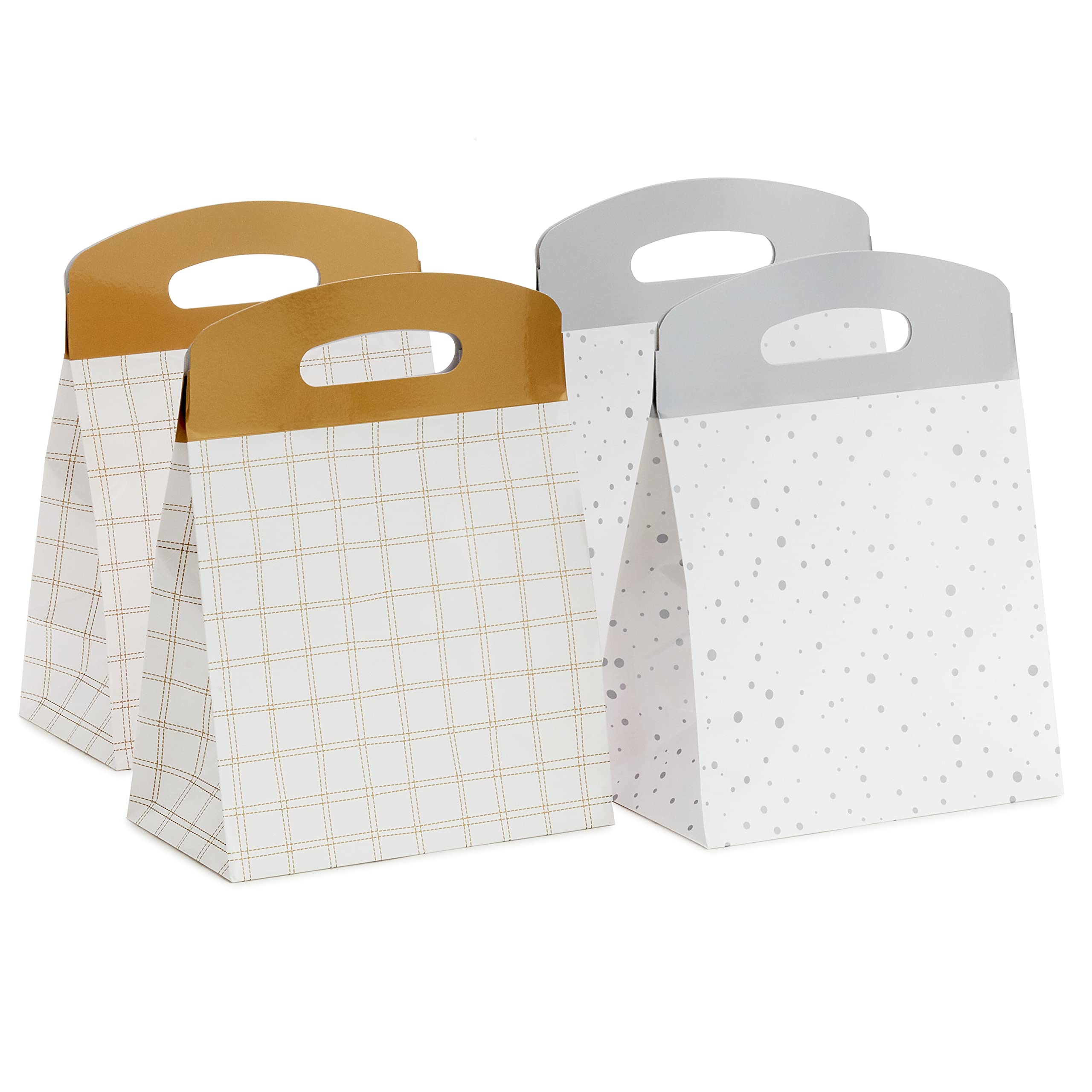 Hallmark Large Self-Sealing Gift Bags with Handles (4 Pack) - Gold & White Plaid and Silver Speckles Designs - Perfect for Wedding Gifts, Graduation Presents, Retirement Parties & Holiday Celebrations - Elegant Gift Packaging Solution for Any Occasion