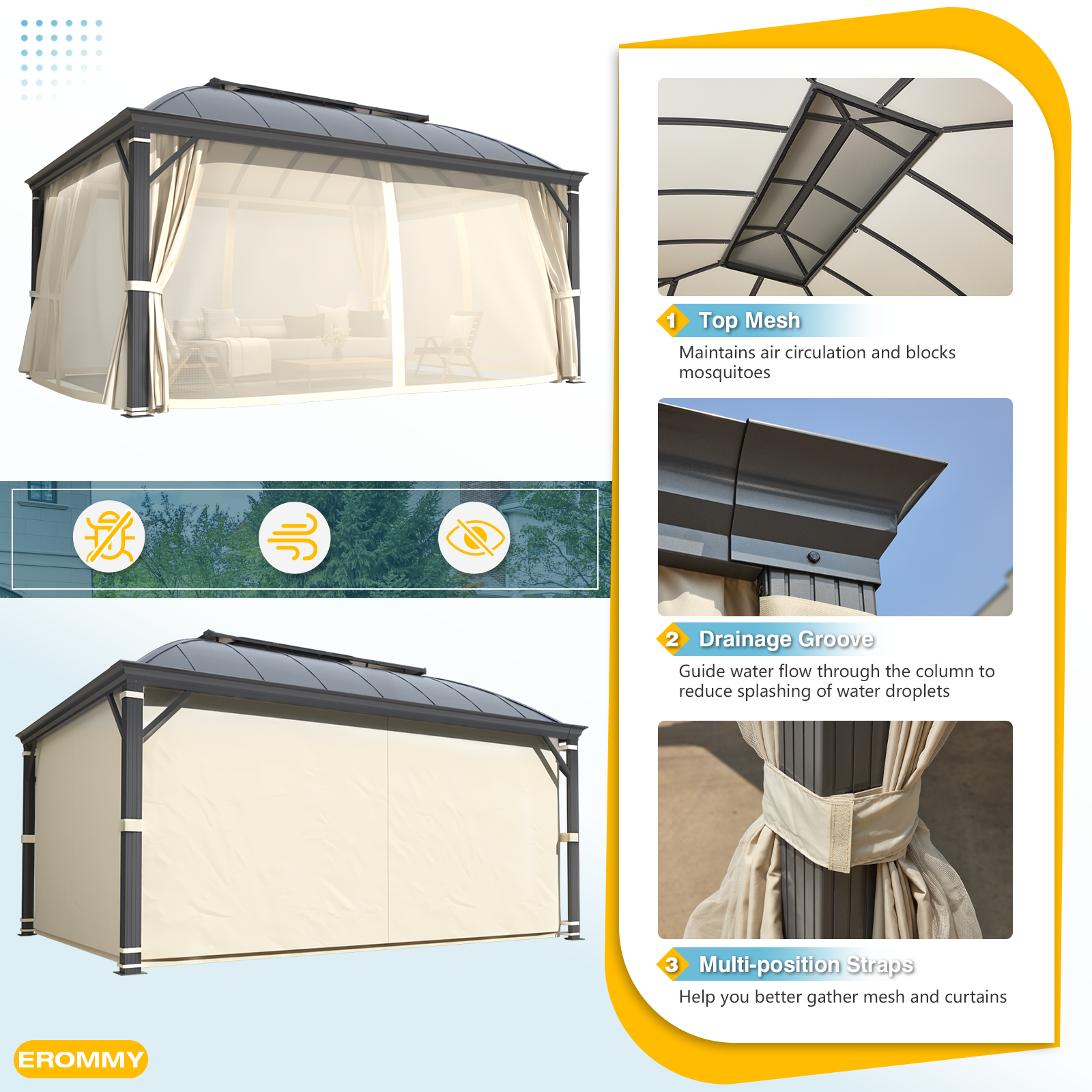 EROMMY 12' x 16' Hardtop Permanent Outdoor Aluminum Patio Gazebo with Double Roof - Includes Curtains & Netting for Patio, Lawn, Garden, Backyard & Outdoor Entertaining
