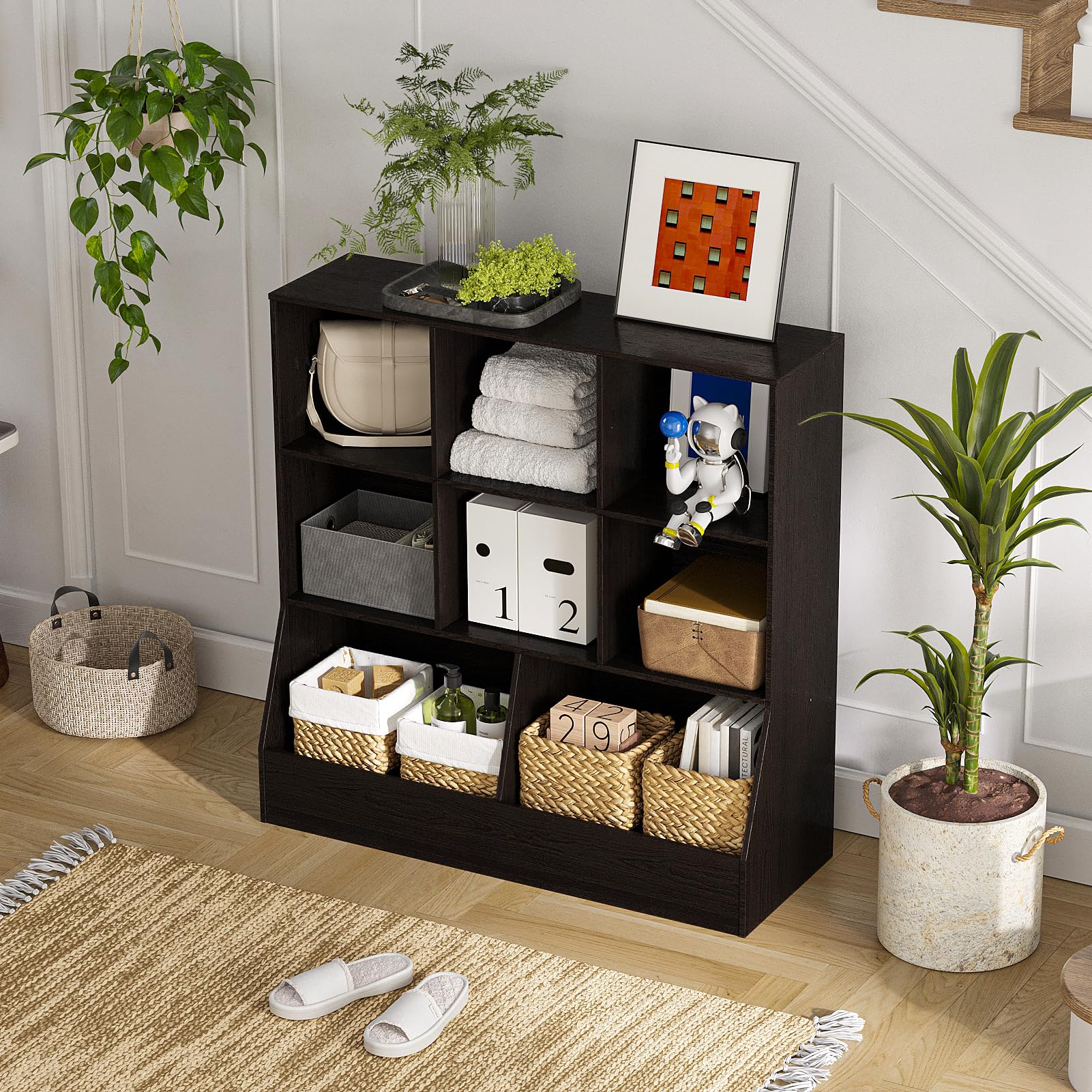 DINZI LVJ 8-Cubby Kids Wooden Toy Storage Organizer & Bookshelf - Espresso Wood Storage Cabinet for Playroom, Bedroom, Nursery - 35.4