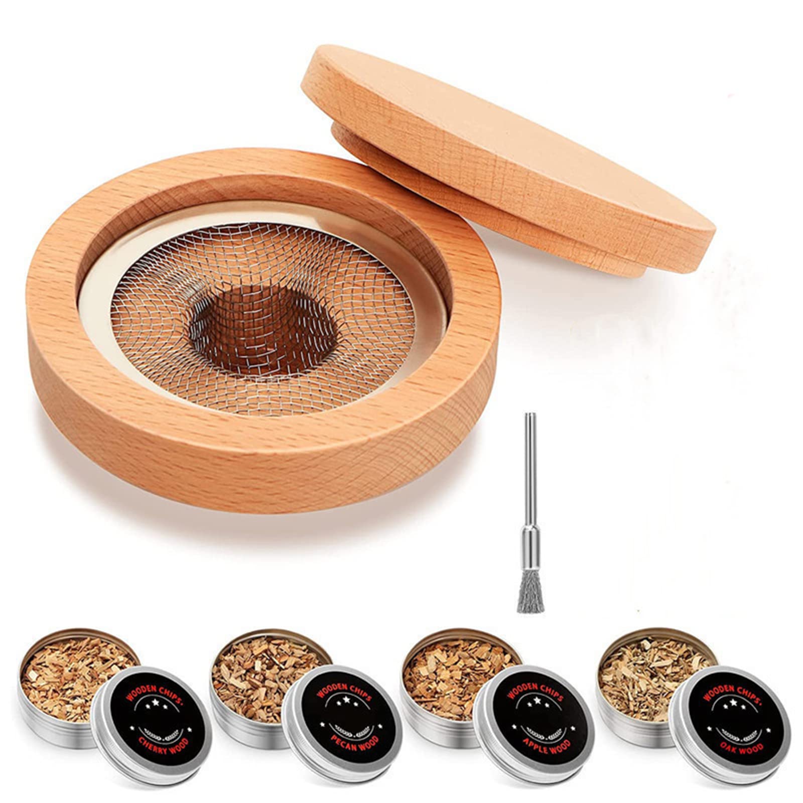 Premium Wood Cocktail Smoker Kit - Handcrafted Smoking Set for Cocktails, Whiskey, Wine, Meat, Cheese & Grilling | Includes Cleaning Brush & Spoon (Beige) | Perfect for Home Bars, BBQs & Gourmet Cooking