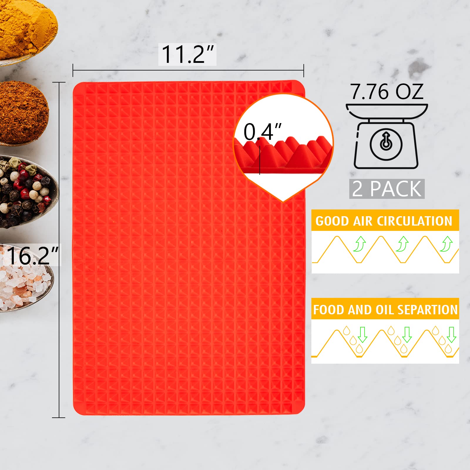 Non-Stick Silicone Baking Mat Set (2 Pack) - Red Pyramid Design for Oven, Microwave & BBQ - 16