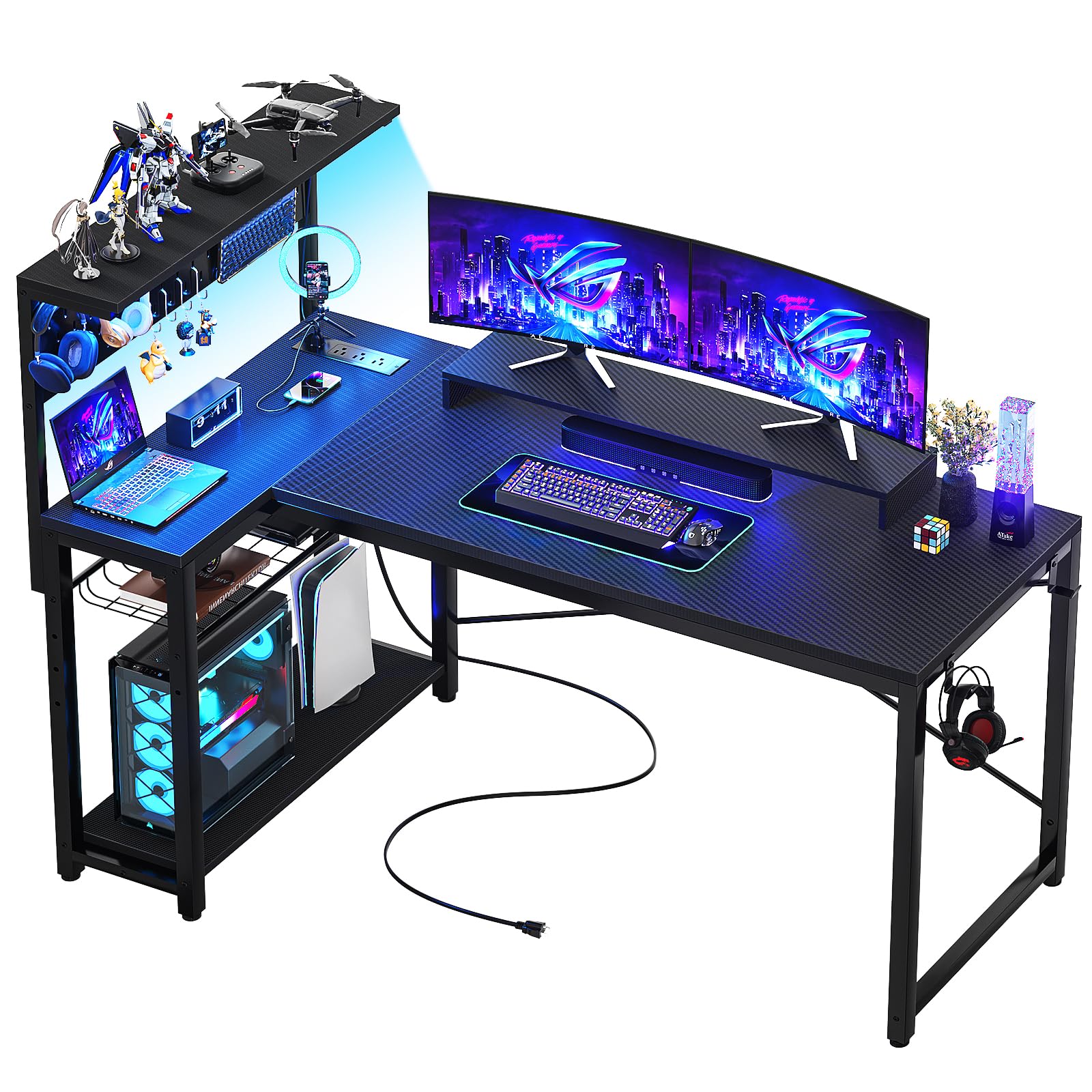 Homieasy 51 Inch L-Shaped Gaming Desk with Power Outlets, LED Light & Pegboard - Carbon Fiber Black Computer Desk with Monitor Stand, Storage Shelves & Headset Hooks - Perfect for Small Spaces, Home Office & Gaming Setup