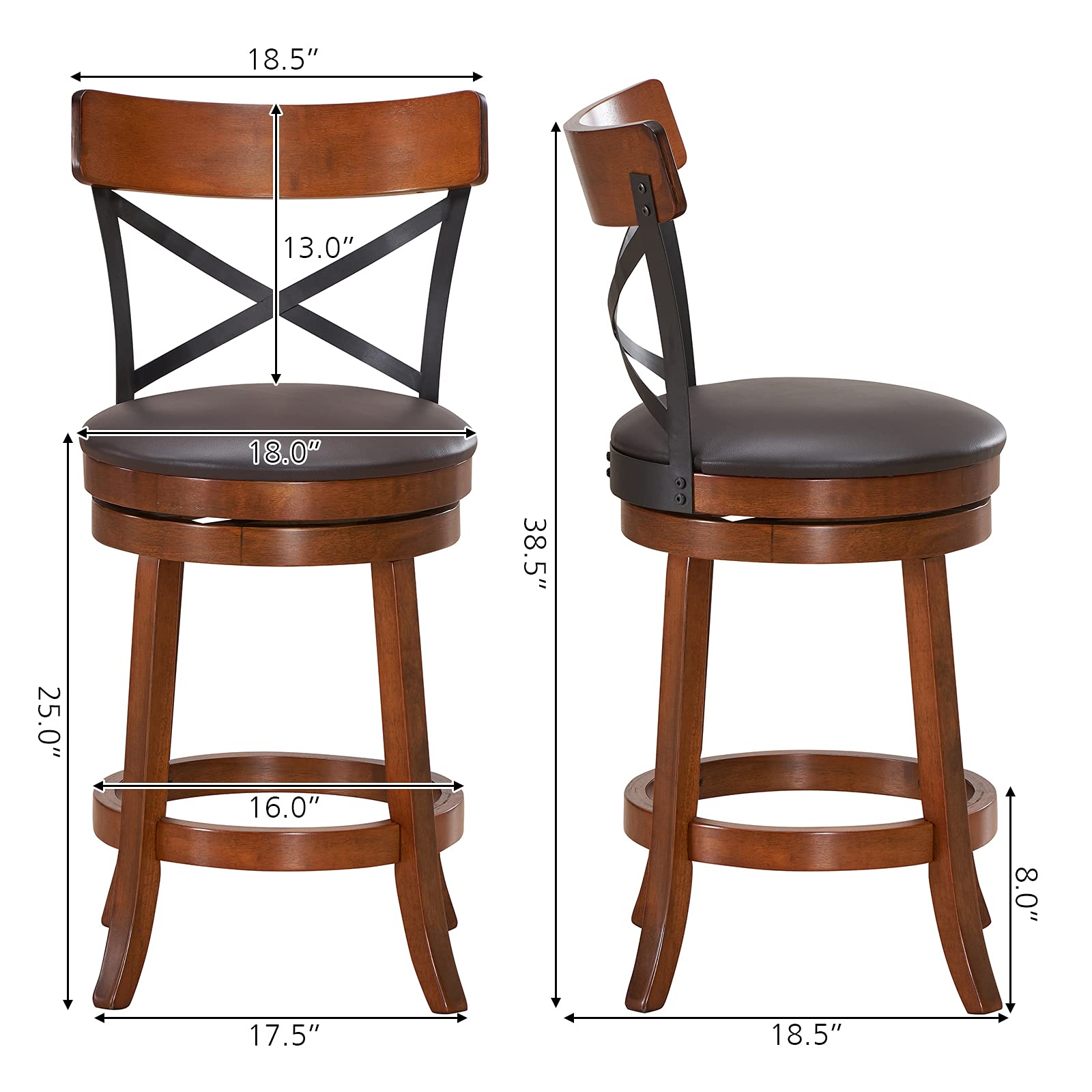 COSTWAY 4-Piece Bar Stool Set - 360° Swivel Solid Wood Bar Stools with Soft Cushion & Backrest, 25
