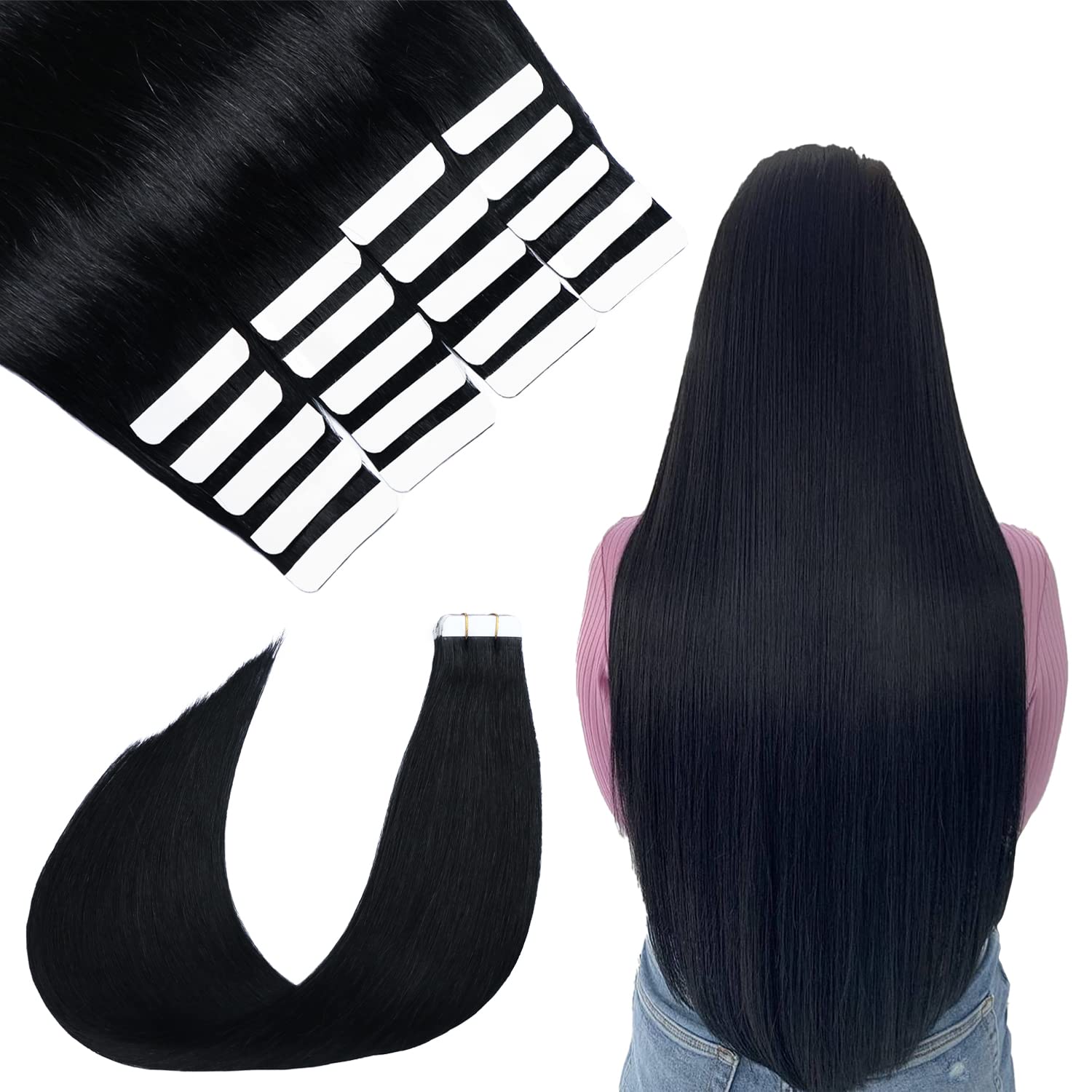 SURNEL 18 Inch Tape in Hair Extensions - 20pcs 50g Human Hair #1 Jet Black - Remy Straight Hair Extensions for Length & Volume - Perfect for Parties, Weddings & Everyday Styling
