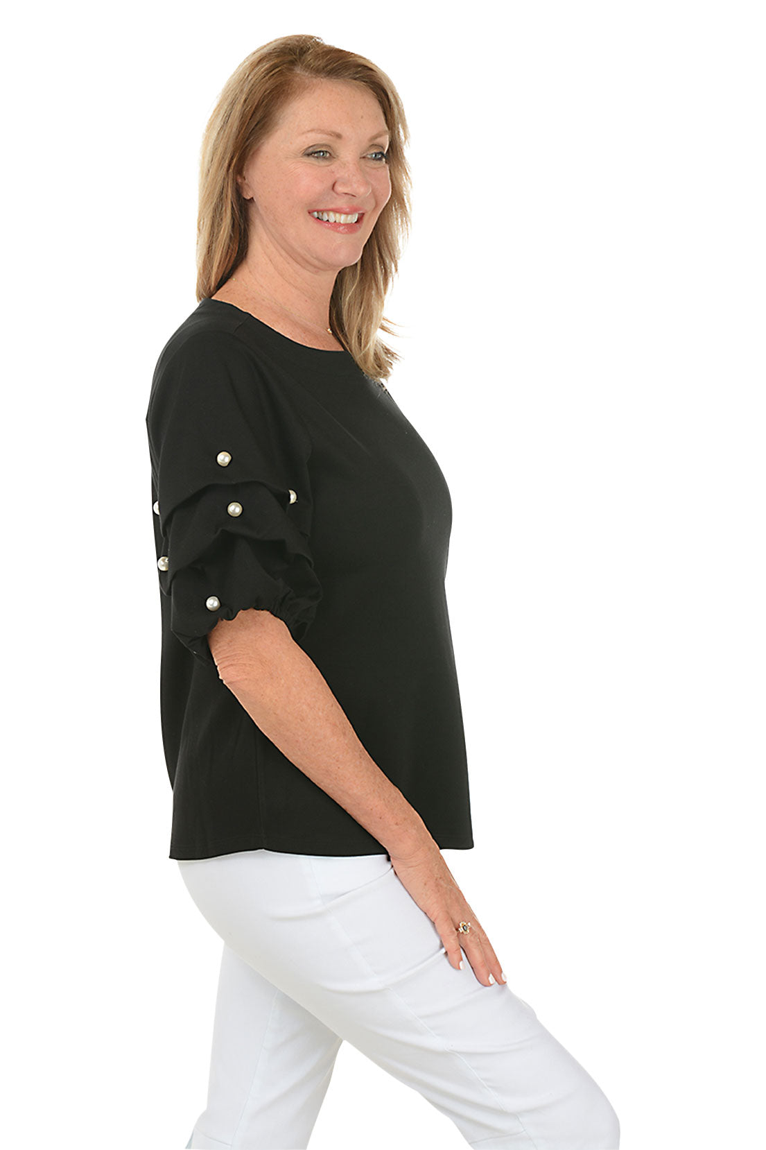Elegant Pearl Gathered Elbow Sleeve Blouse for Women - Stylish Casual & Office Wear - Perfect for Parties, Dates, and Work Outfits