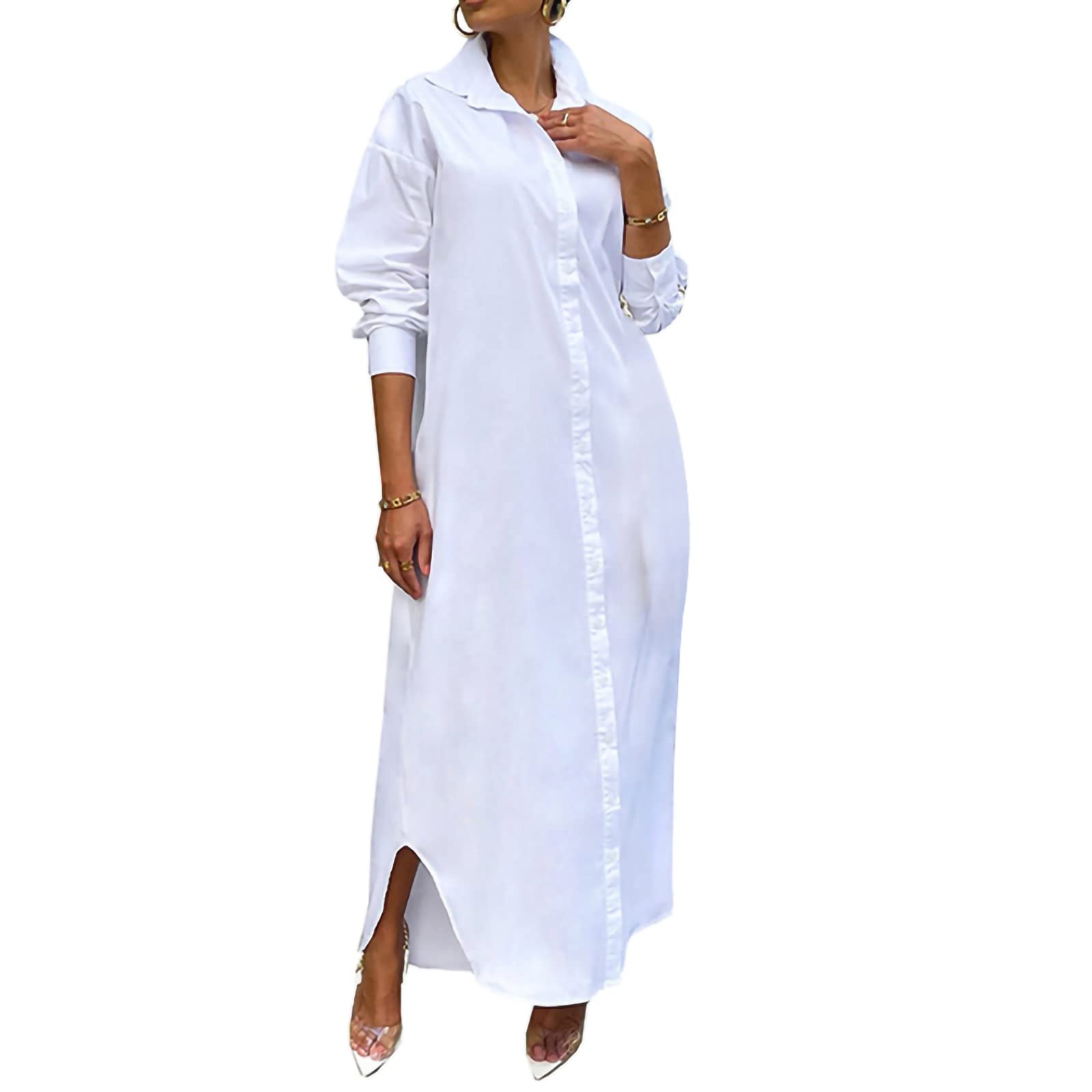 Women's Casual Long Sleeve Shirt Dress - Loose Maxi Button Down Blouse with Lapel & Curved Hem | Perfect for Work, Travel & Everyday Wear