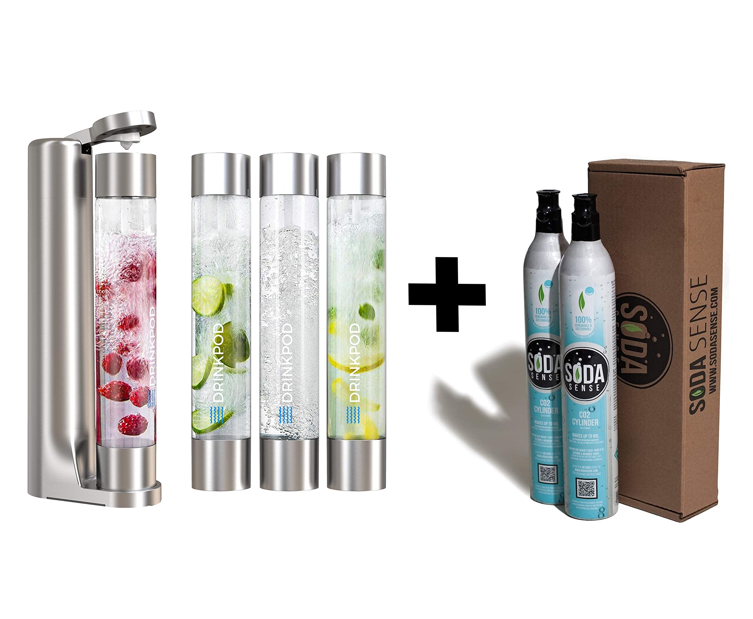 FIZZpod Soda Maker Machine - Make Sparkling Water, Juice, Coffee & Cocktails at Home | Includes 3 Bottles, 3 Caps, Carbonator Cap & 2 CO2 Cylinders (Silver) | Perfect for Kitchen, Office, Parties & Healthy Drinks