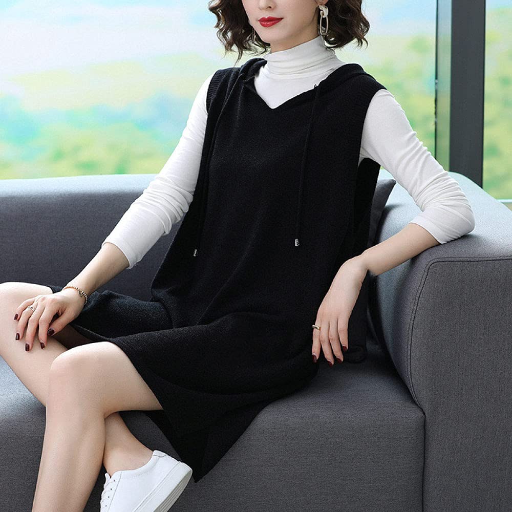 Women's Knitted Vest Sweater - Black Hooded Sleeveless V-Neck Waistcoat Jumper | Plus Size XXL | Fashionable Preppy Style for Autumn & Winter | Perfect for Layering, Office Wear & Casual Outfits
