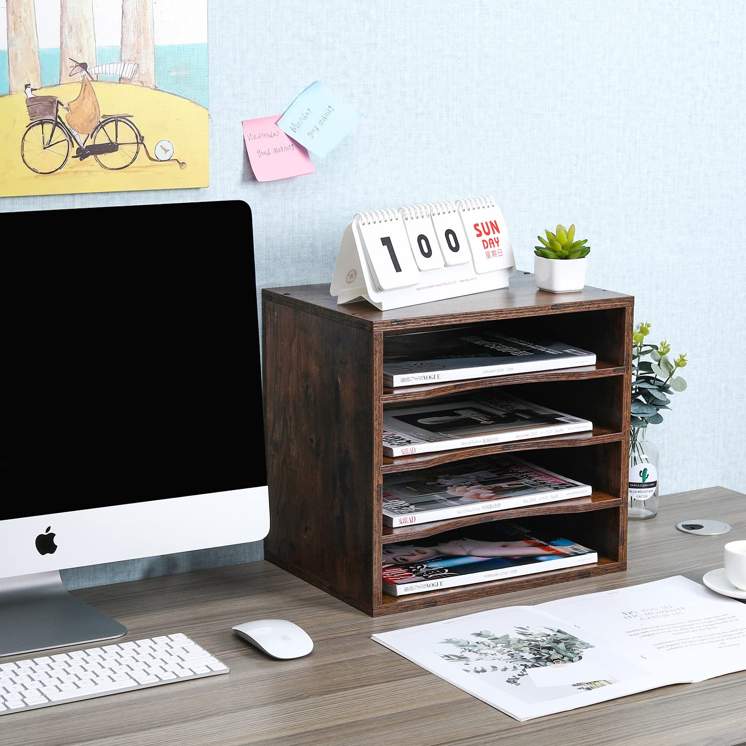 Wood Mail Sorter Organizer - 4 Compartments Desktop File Organizer for Office & Home, Antique Brown