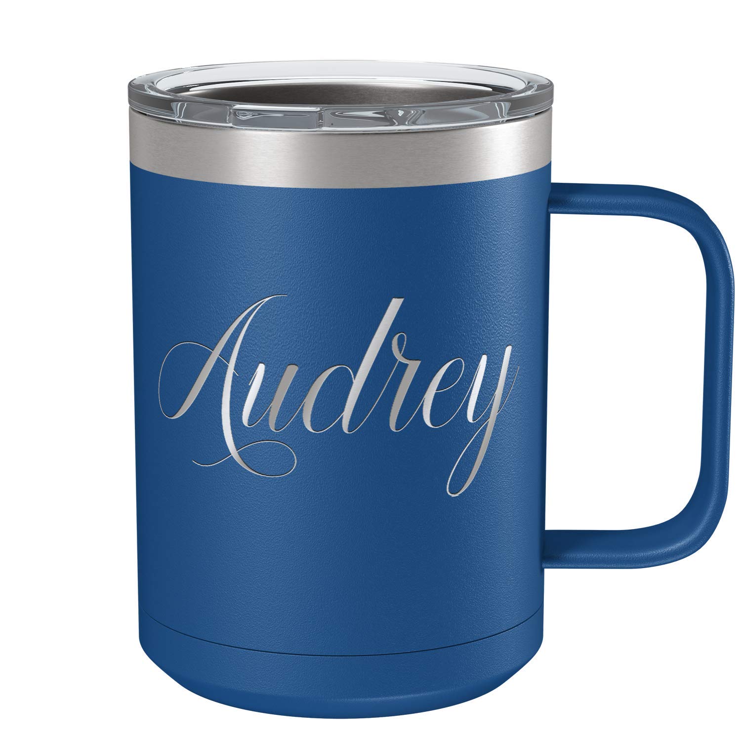 Custom Engraved 15oz Blue Matte Stainless Steel Vacuum Insulated Coffee Mug - Personalized Gift with Handle for Office, Travel & Home Use