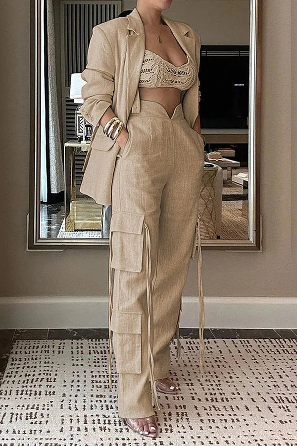 Stylish Women's Lapel Long Sleeve Loose Jacket & Casual Pocket Lace-Up Straight Leg Pants Set - Office Wear & Spring Outfit