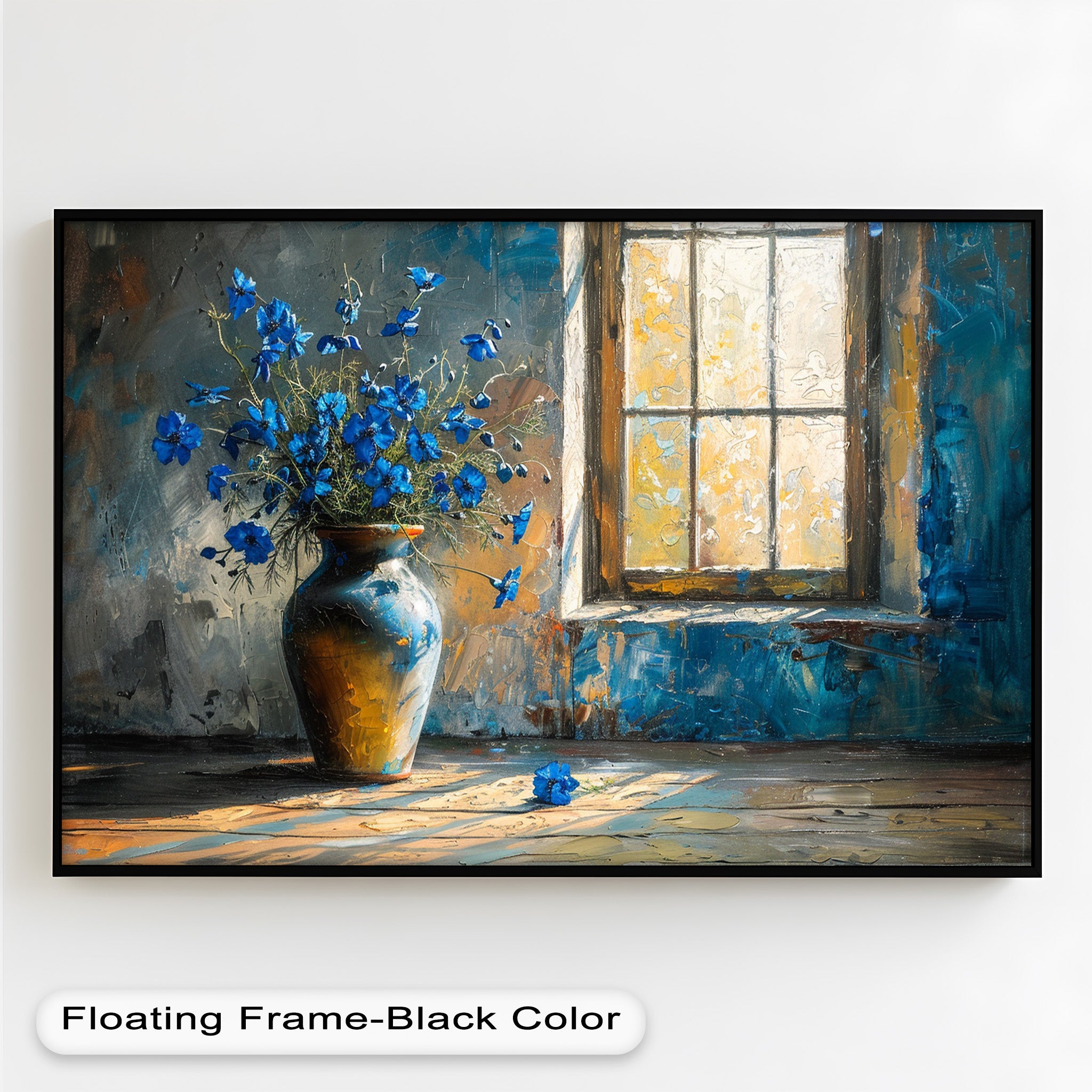 Blue Flowers in Vase - Rustic Still Life Oil Painting on Canvas - Perfect for Farmhouse Decor, Living Room Wall Art & Home Office