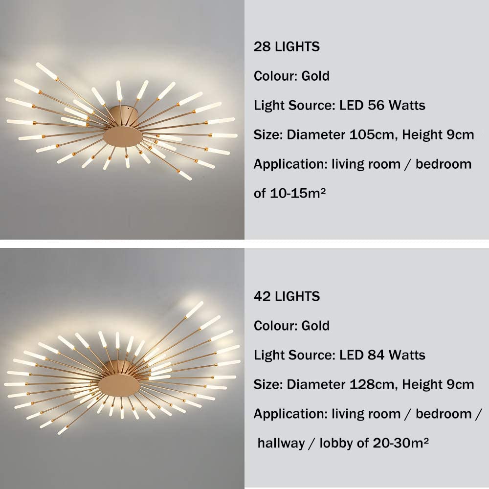 Modern Flower Shape Ceiling Light Fixture - 28 LED Sputnik Firework Petal Chandelier for Dining Room, Kitchen, Hallway - Flush Mount Metal Acrylic Lighting (Matte Gold) | Perfect for Home Decor, Restaurant Lighting & Commercial Spaces